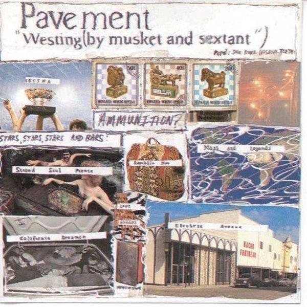 Collage : Texte « Pavement », divers timbres, images et un bâtiment. Art aux techniques mixtes.
