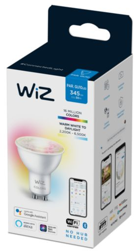 Schachtel mit WiZ Smart-Glühbirne, buntes Licht, Smart-Home-App-Symbole.
