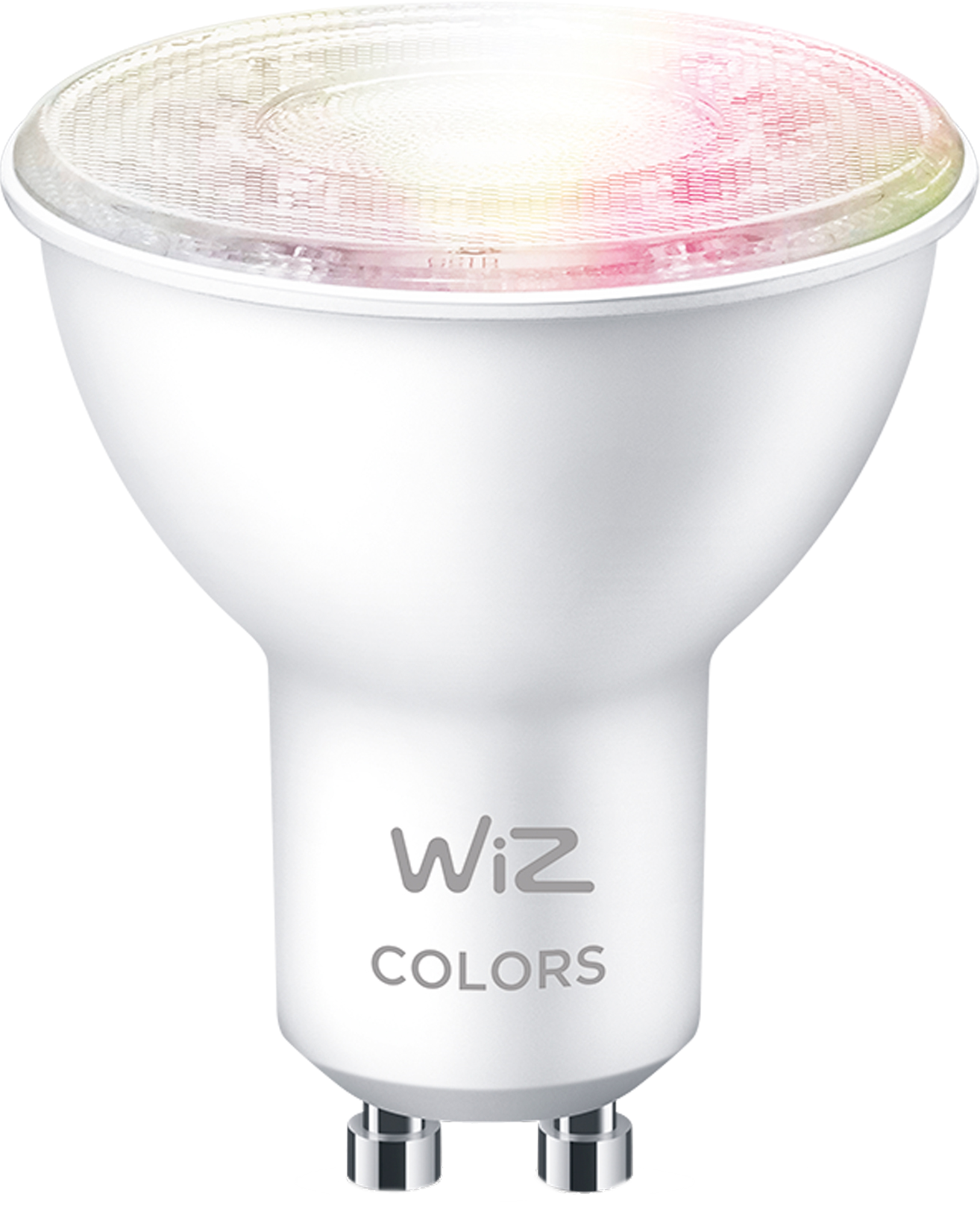 Weiße Wiz Colors GU10 Smart-Glühbirne. Die Glühbirne leuchtet in mehreren Farben.