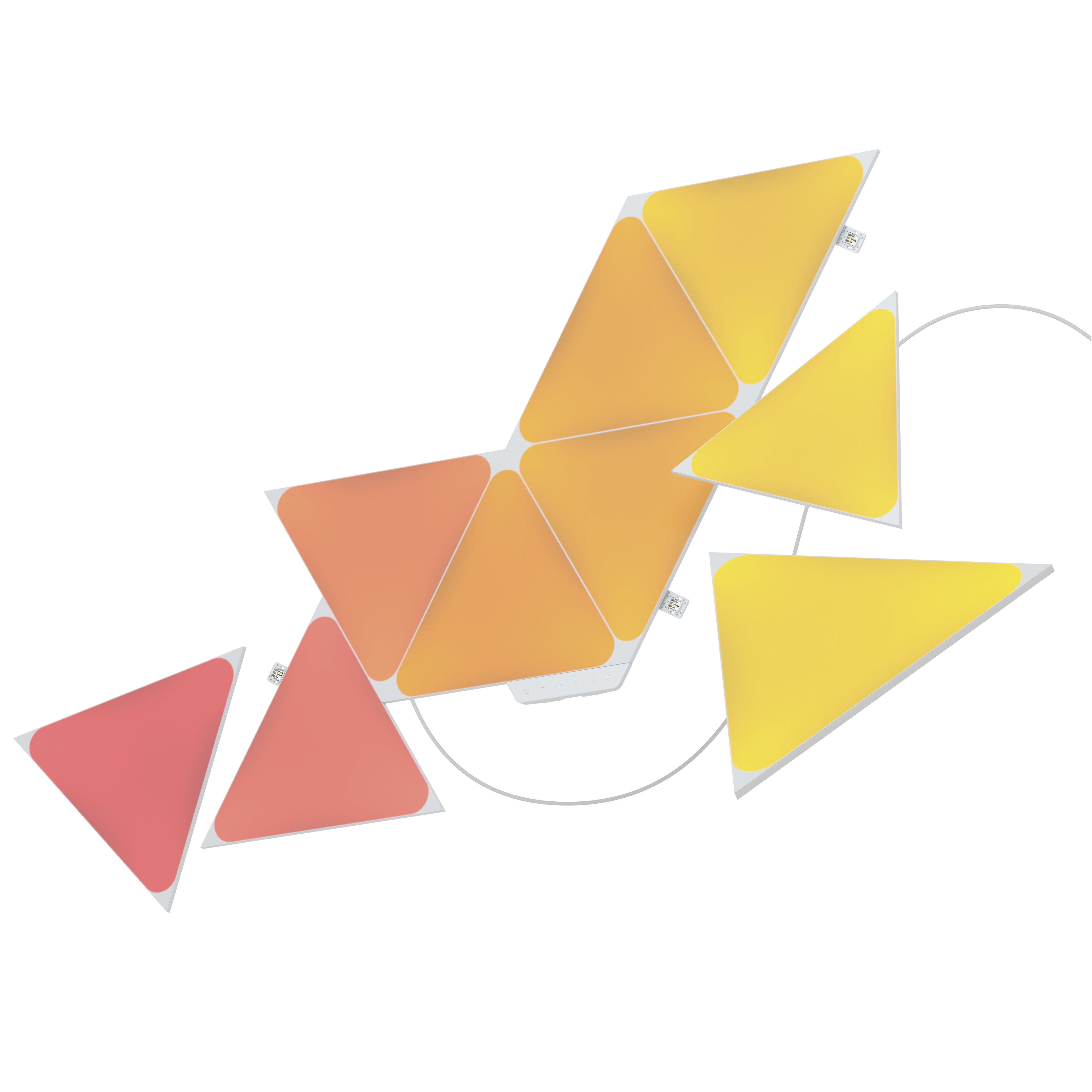 Geometrische, miteinander verbundene, farbenfrohe Dreiecksleuchten auf weißem Hintergrund.