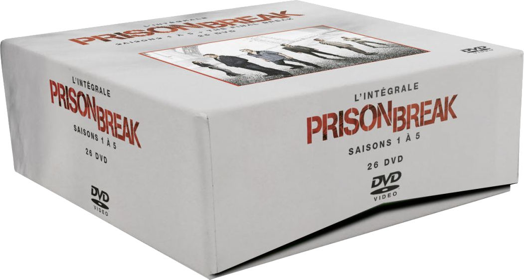 Een witte dvd-boxset van Prison Break seizoenen 1-5 met acteurs op de voorkant.