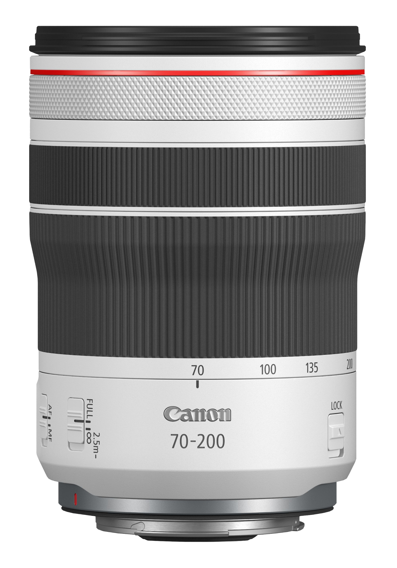 Canon 70-200 Kameraobjektiv, weißes Gehäuse mit schwarzen und roten Akzenten.