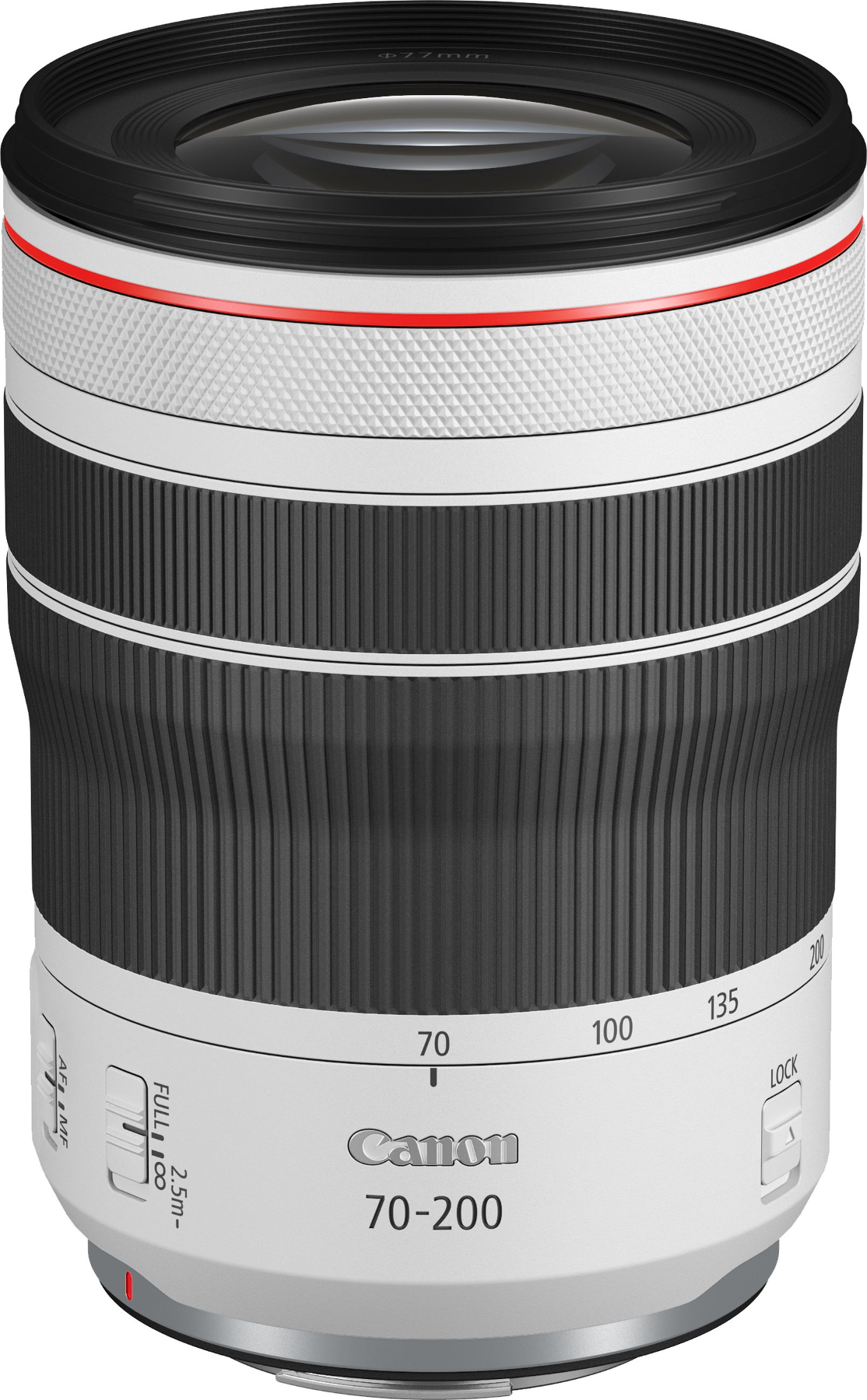 Nahaufnahme eines Canon 70-200mm Kameraobjektivs, weißes Gehäuse, schwarze Ringe und roter Akzent.