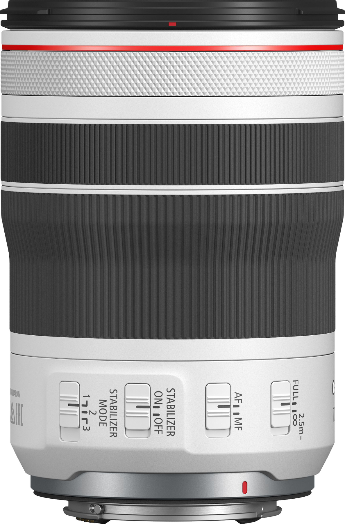 Canon RF-Objektiv mit weißen und schwarzen Abschnitten, verschiedenen Schaltern und rotem Ring.
