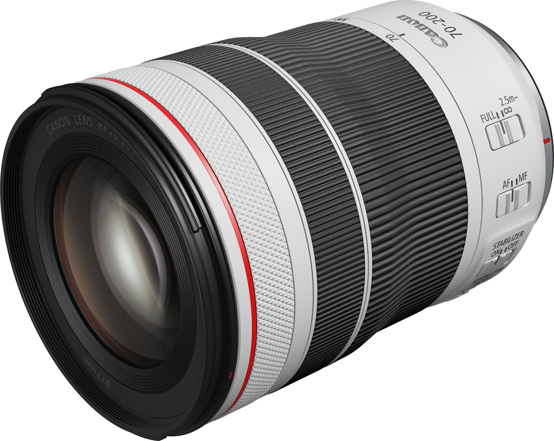 Canon RF 70-200mm Objektiv. Weißer und schwarzer Körper mit roten Akzenten. Zoom- und Fokusringe sichtbar.