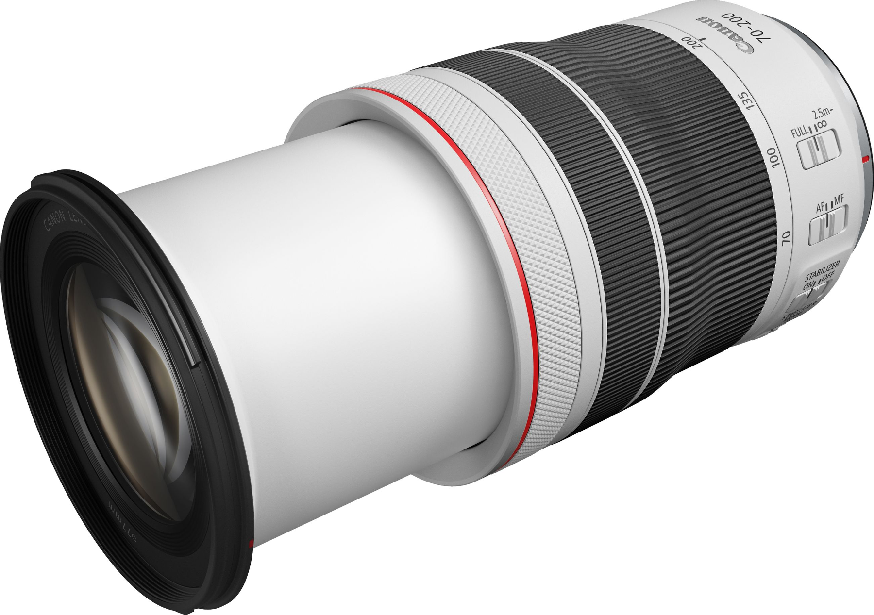 Canon 70-200mm Kameraobjektiv mit weißem Gehäuse, schwarzem Objektivring und roten Akzentringen, auf weißem Hintergrund.