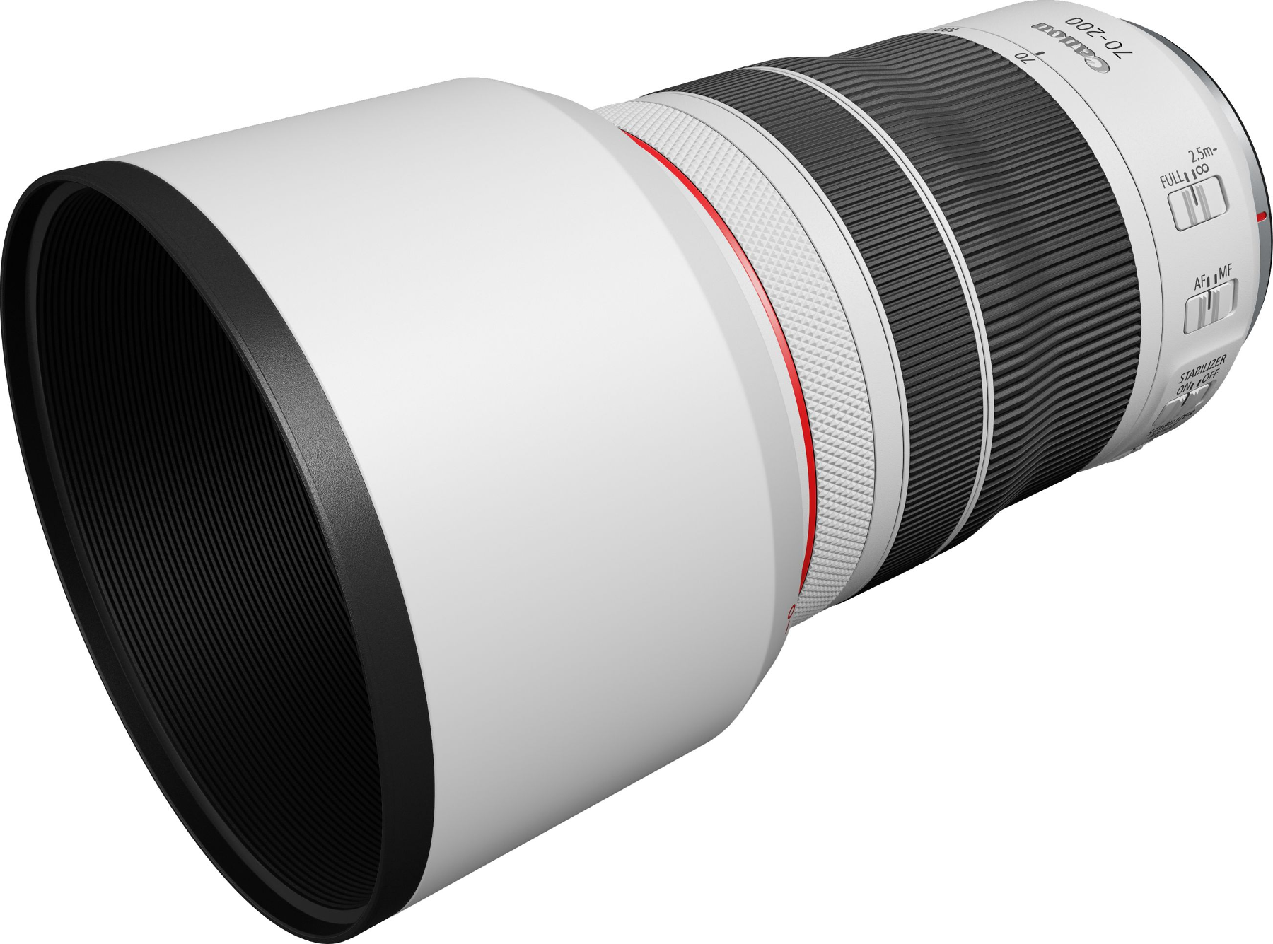 Canon 70-200mm Kameraobjektiv mit weißer Gegenlichtblende.