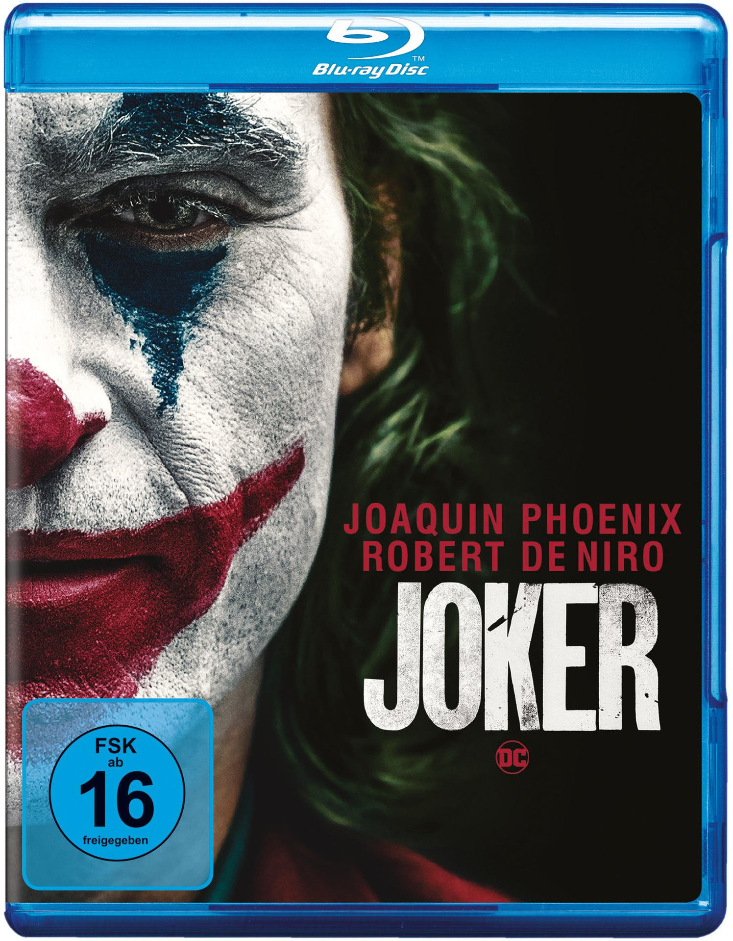 Joker Blu-ray-Cover. Gesicht von Joaquin Phoenix, rotes Lächeln und blaue Tränen.