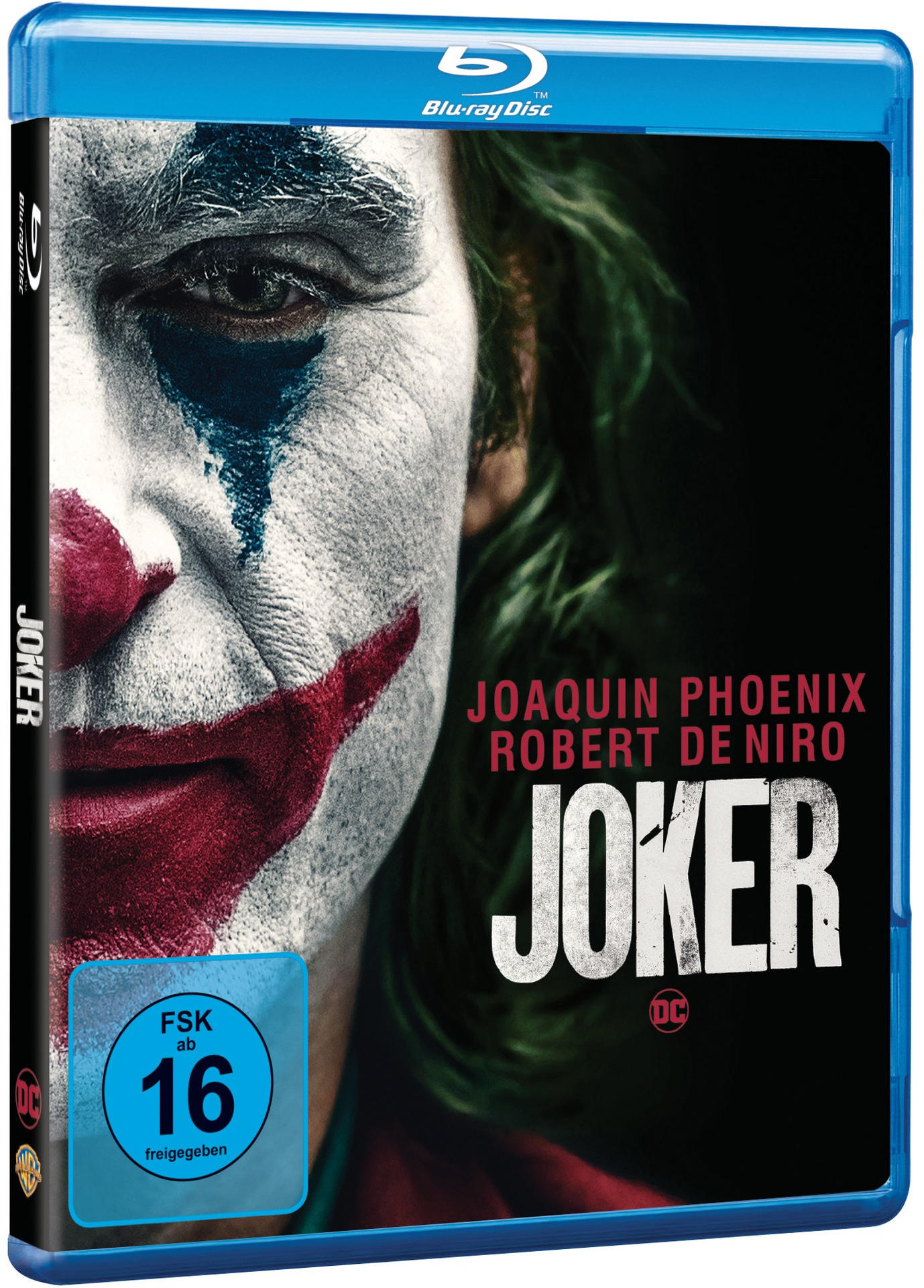 Joker Blu-ray Disc-Hülle, Joaquin Phoenix als Joker, mit rotem und weißem Gesicht.