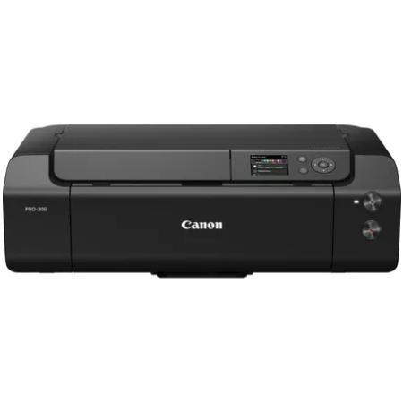 Schwarzer Canon Pro-300 Drucker, Draufsicht. Knöpfe und ein Bildschirm auf der Oberseite sichtbar.