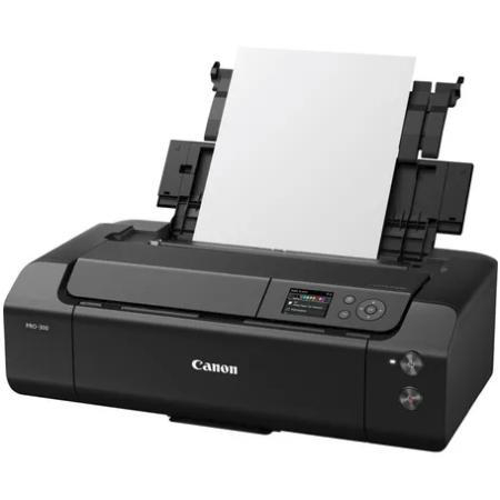 Schwarzer Canon-Drucker mit weißem Papier im Fach. Der Drucker befindet sich auf weißem Hintergrund.