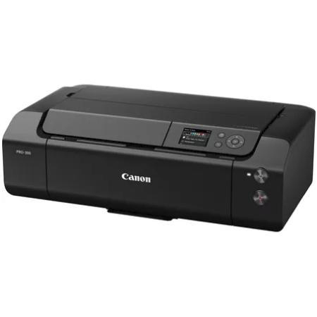 Schwarzer Canon Pro-300 Drucker, schräge Ansicht, Knöpfe und Display rechts oben.