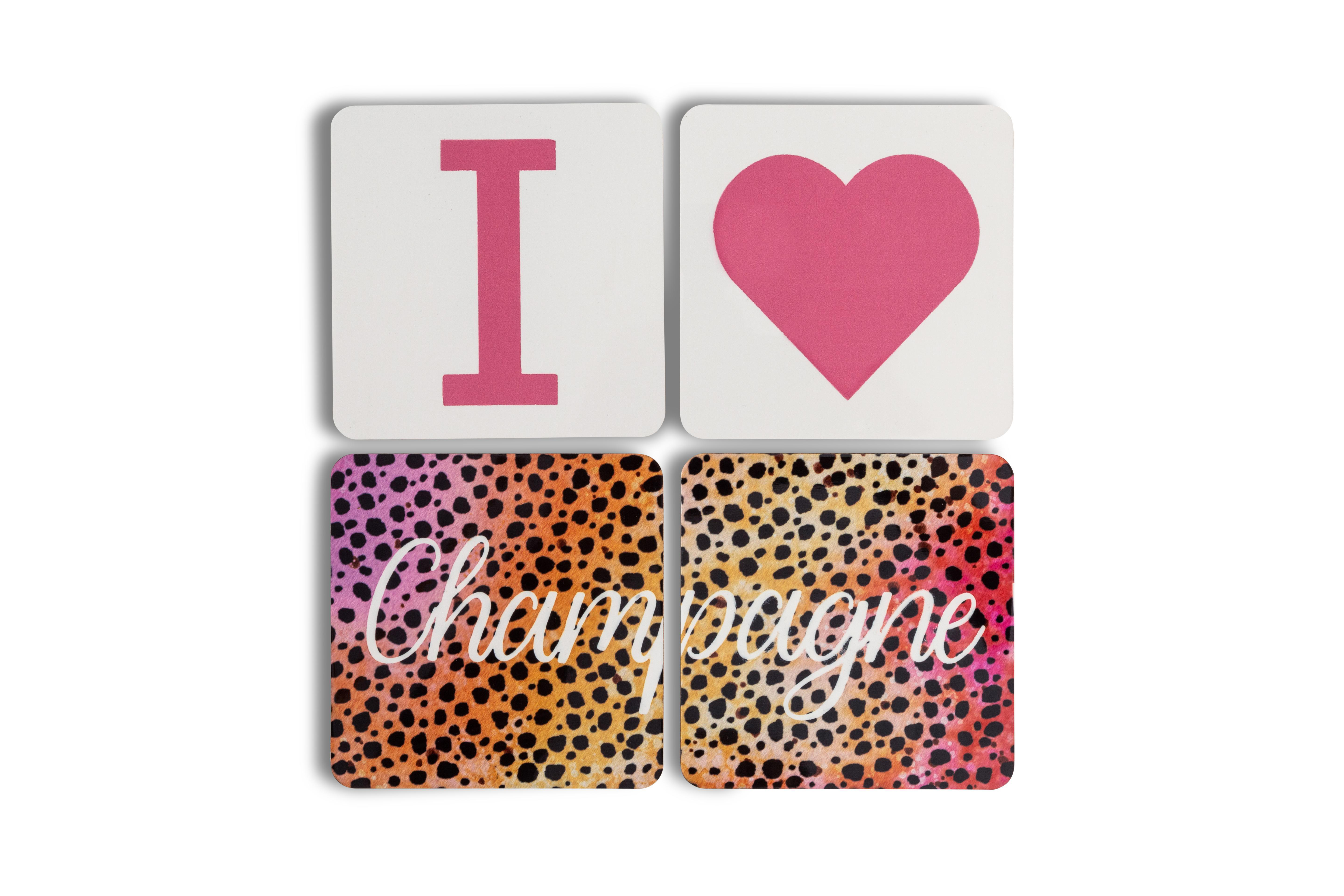 Vier Untersetzer. Oben links: rosa 'I'. Oben rechts: rosa Herz. Unten: 'Champagne' auf Leopardenmuster.