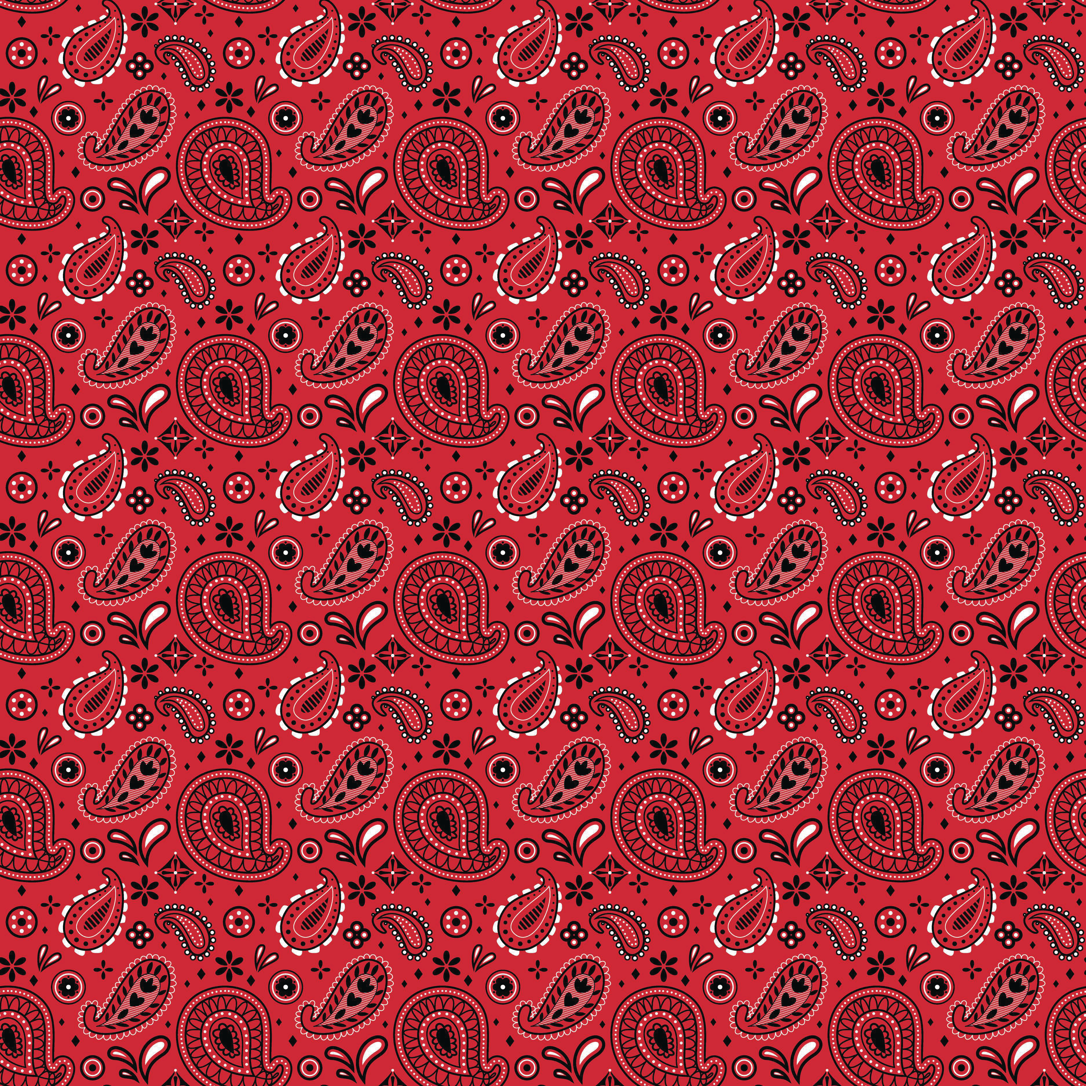 Rotes Bandana-Muster mit Paisley- und Blumendesigns in Schwarz und Weiß, die sich über die Oberfläche wiederholen.