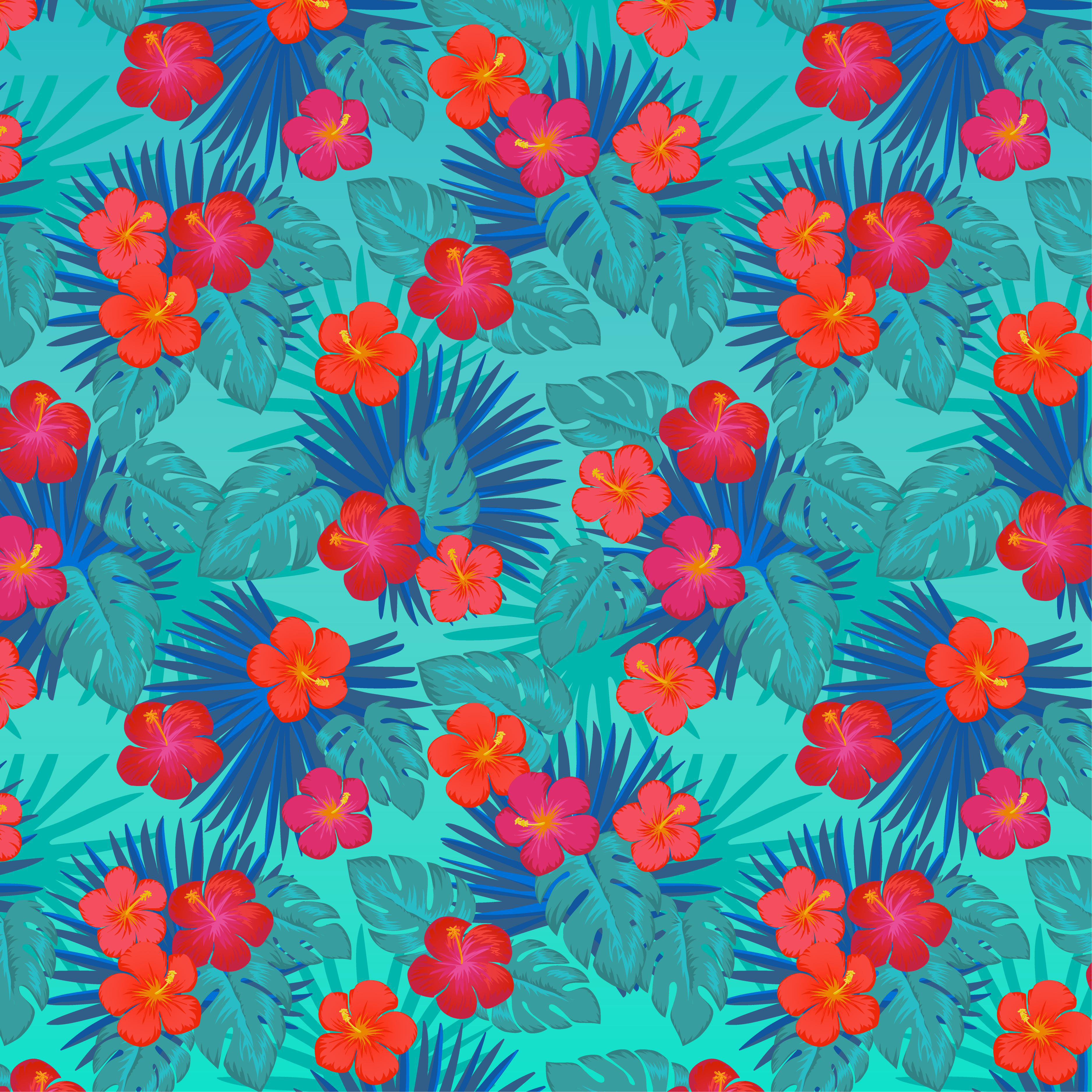 Ein nahtloses Muster mit roten Hibiskusblüten, blauen Palmenblättern und grünen Monstera-Blättern auf türkisfarbenem Hintergrund.