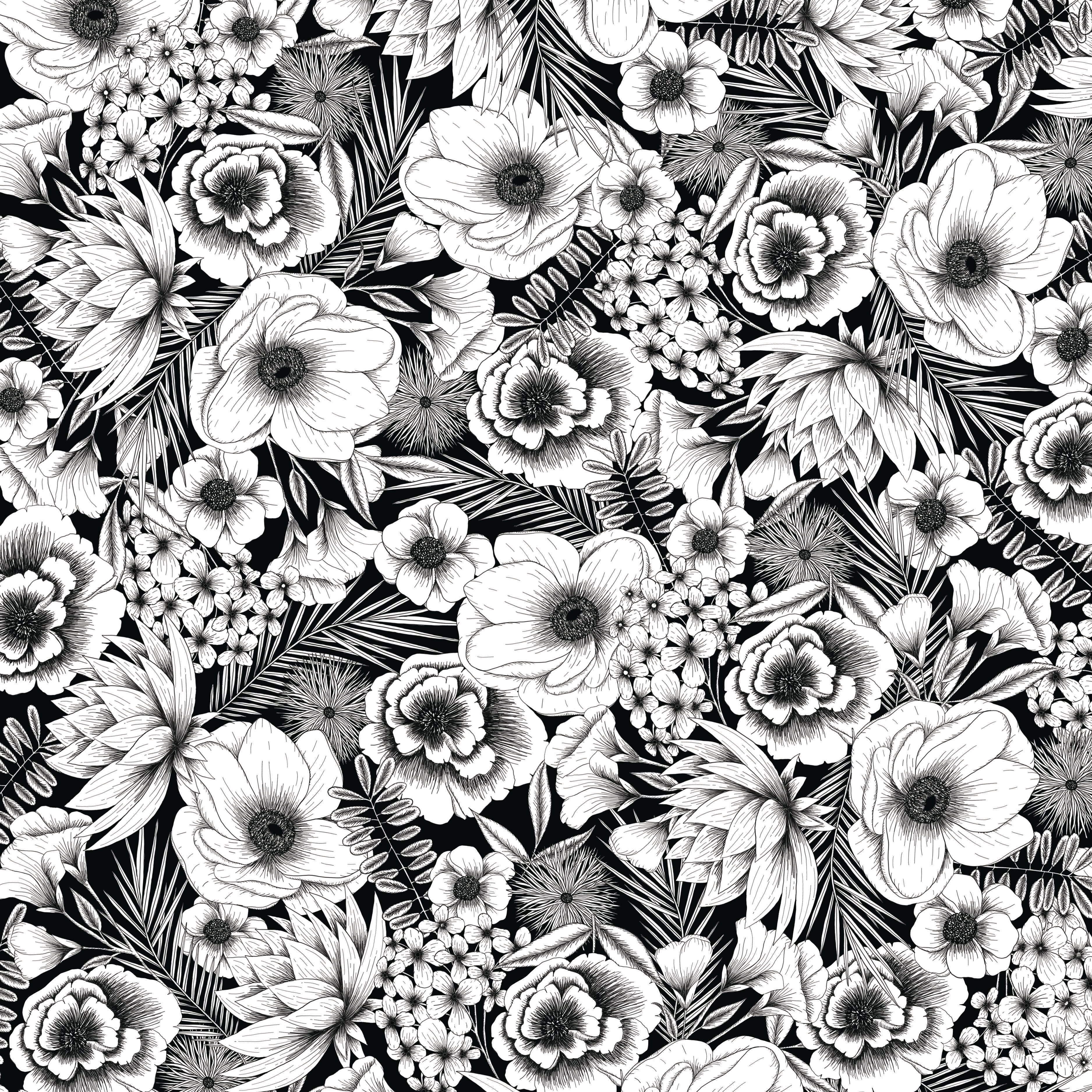 Schwarz-weißes Blumenmuster. Viele Blumen und Blätter in einem dichten, sich wiederholenden Design.