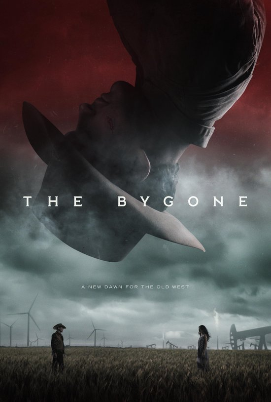 Affiche du film The Bygone. Cowboy regardant vers le haut, entouré d'un ciel rouge et de moulins.