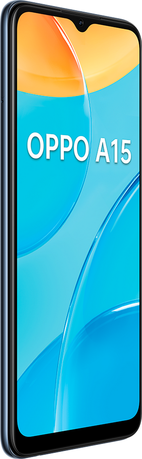Un teléfono inteligente azul con una pantalla grande y el texto 'OPPO A15'.