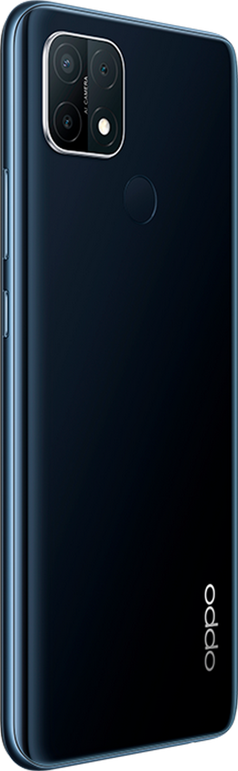 Un teléfono Oppo azul oscuro, visto desde la parte trasera y lateral. El teléfono tiene un módulo de cámara y el logotipo de Oppo.