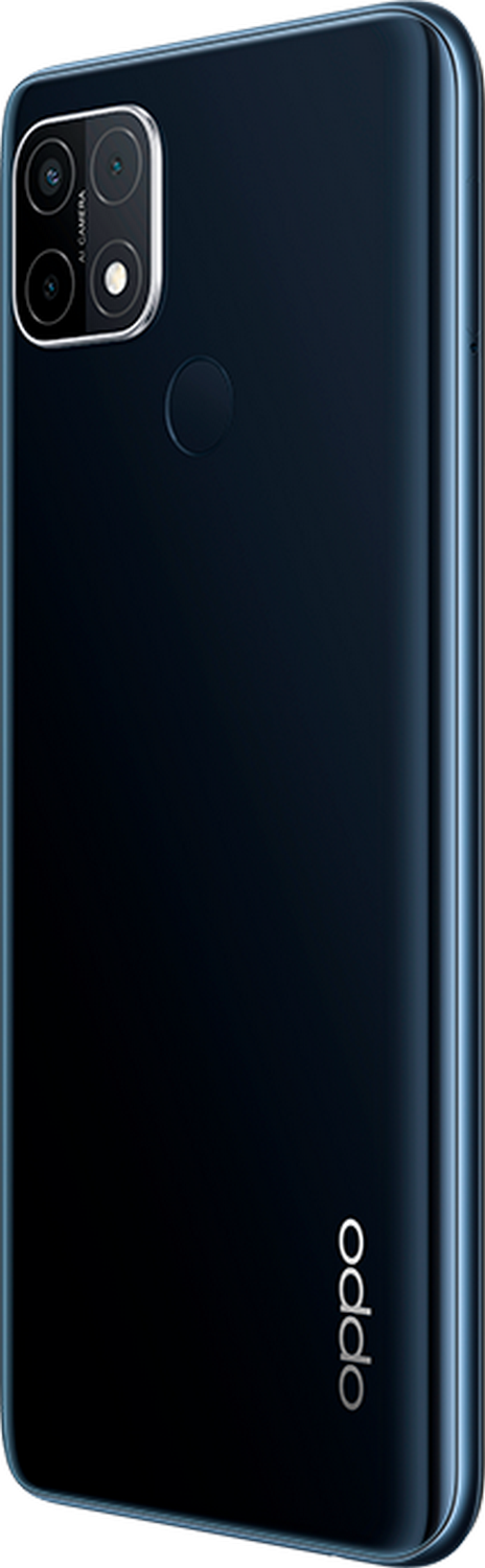 Un teléfono Oppo azul oscuro, con un módulo de cámara en la parte trasera, visto de lado.