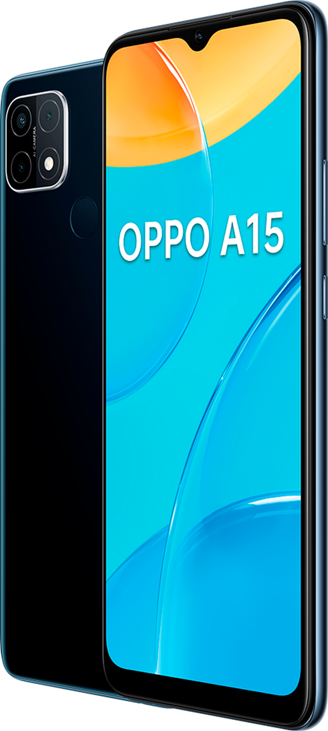 Un teléfono inteligente Oppo A15 azul, que muestra la parte trasera con cámaras y la pantalla frontal.