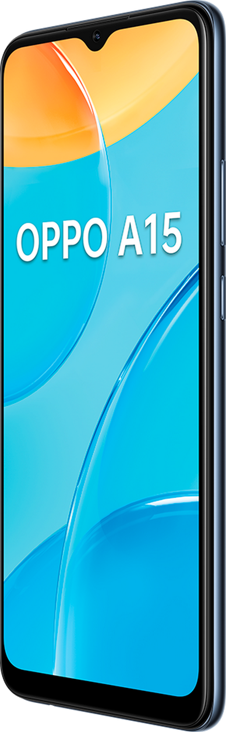 Smartphone Oppo A15 azul con marco negro. Letras blancas deletrean 'OPPO A15'.
