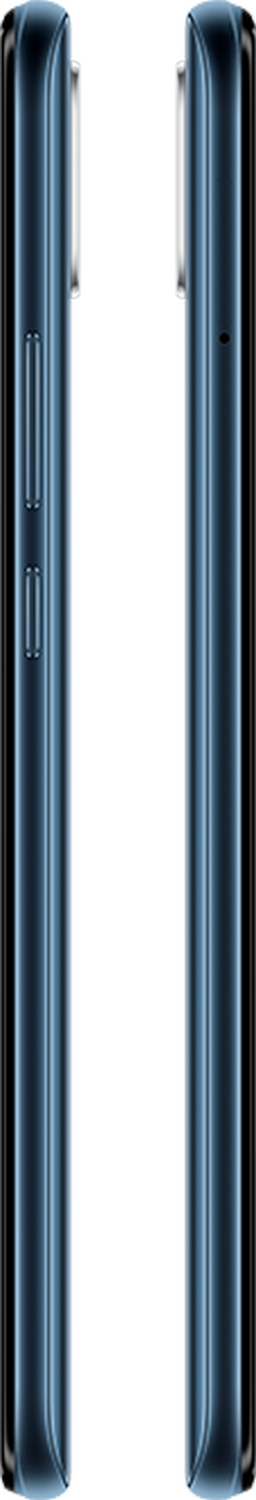 Los laterales de un smartphone azul oscuro, mostrando botones y un puerto de carga, sobre un fondo negro.