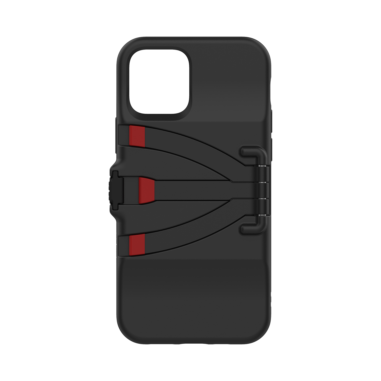 Black phone case with red details, a lock symbol, and a hinge.