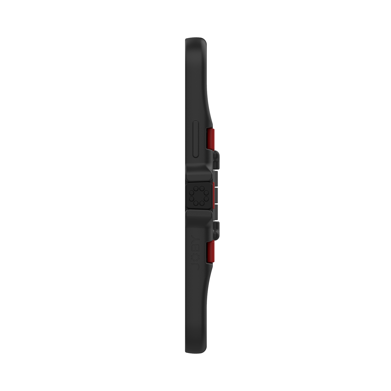 Black phone case with red buttons on the side. Side view, with a unique design.