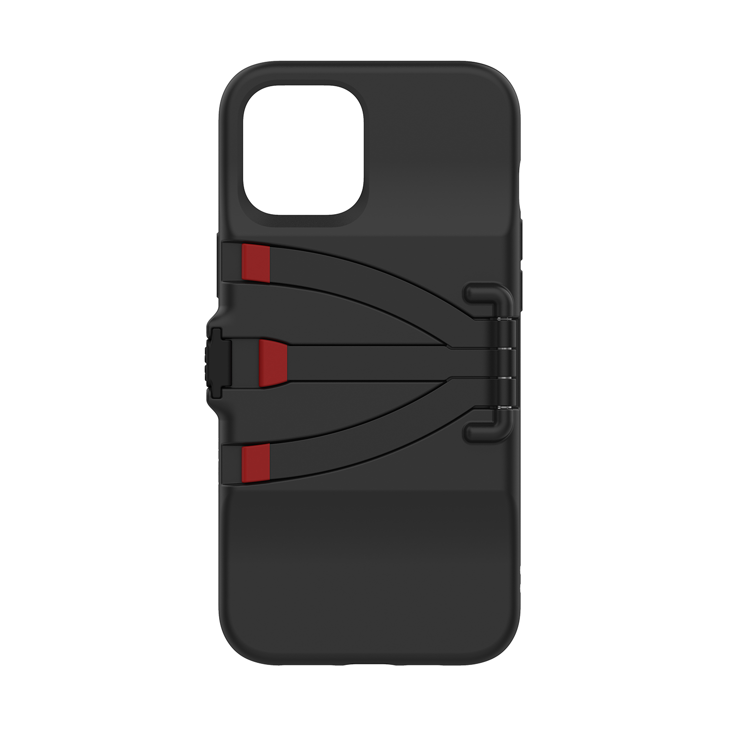 Black phone case with red accents and a multi-hinge design, with the phone's camera cutout.