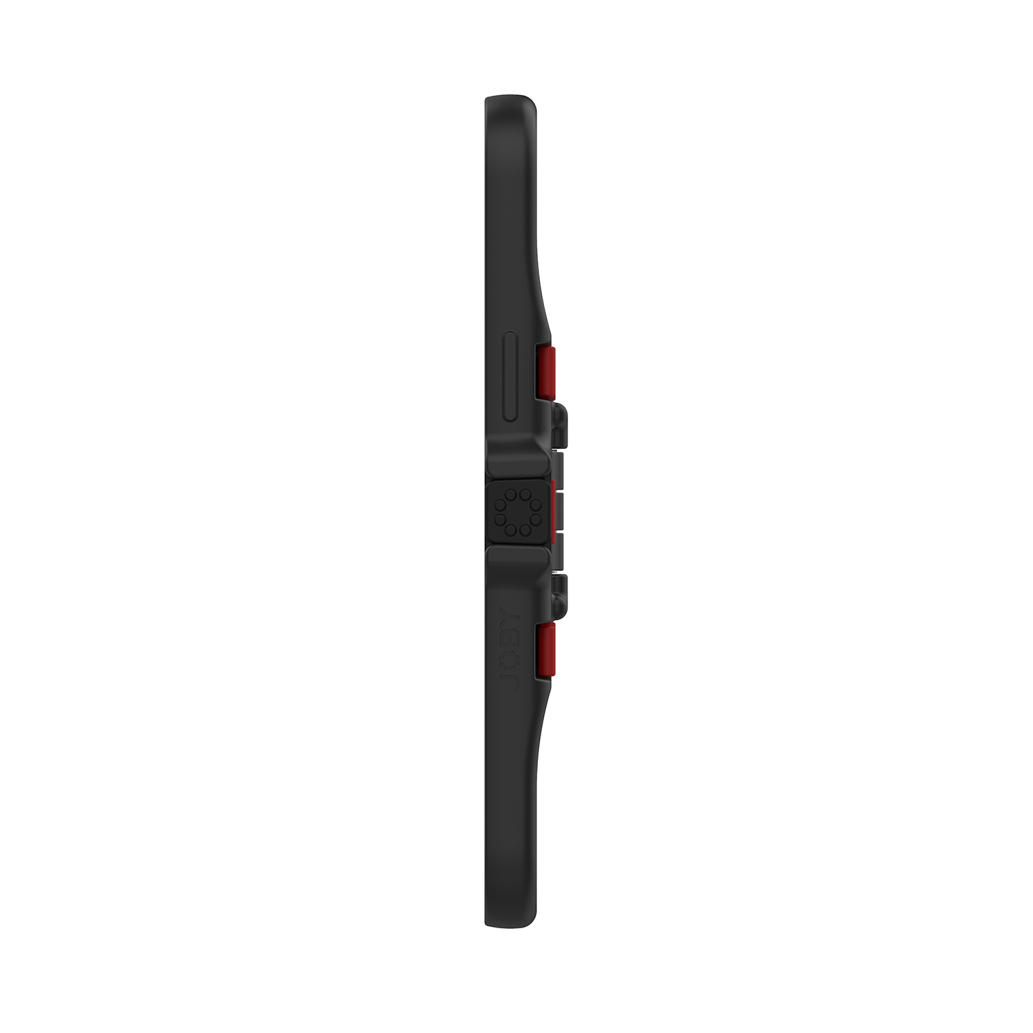 A black phone case, side view, featuring a textured surface and red accents.