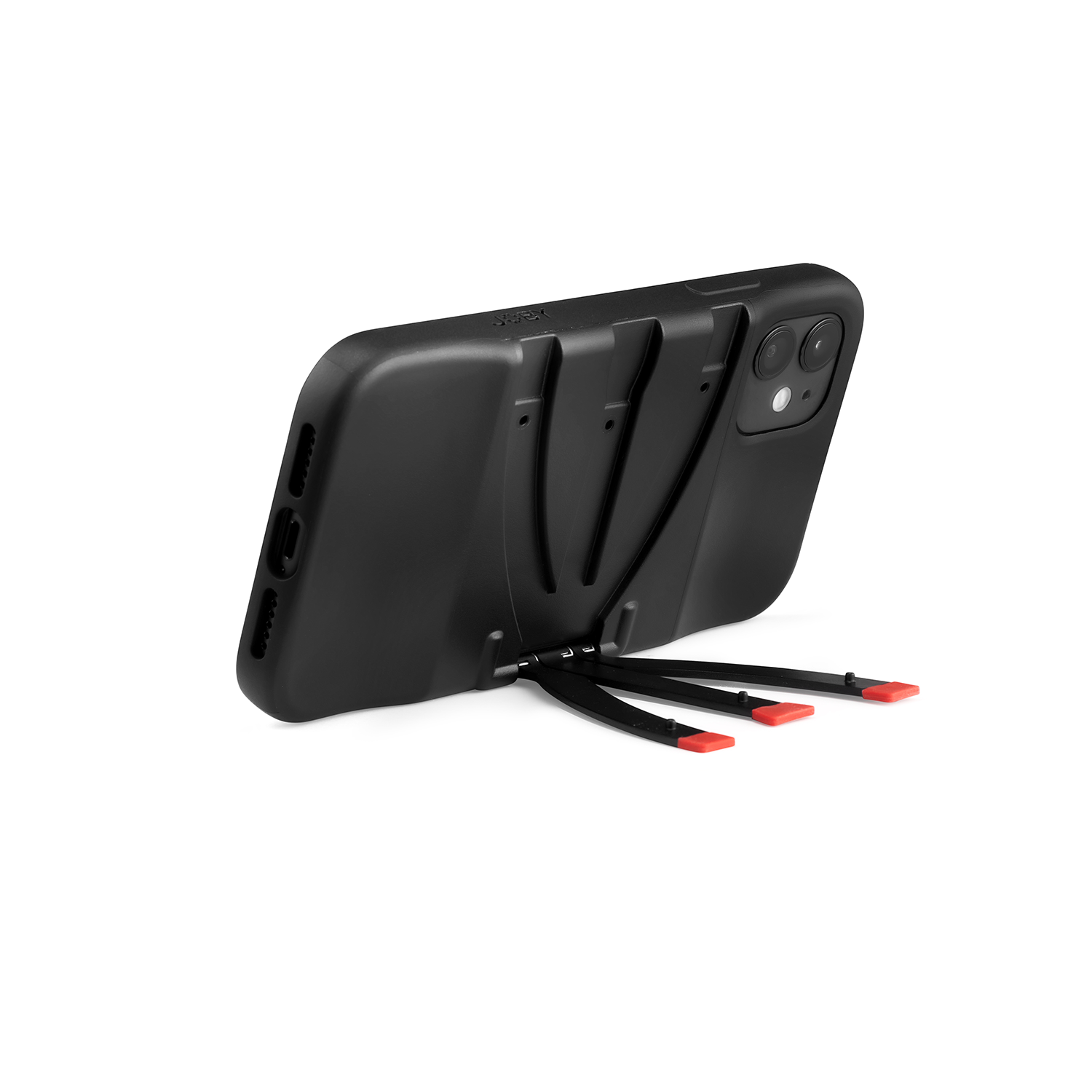 A black phone case with attached support legs in red and black.