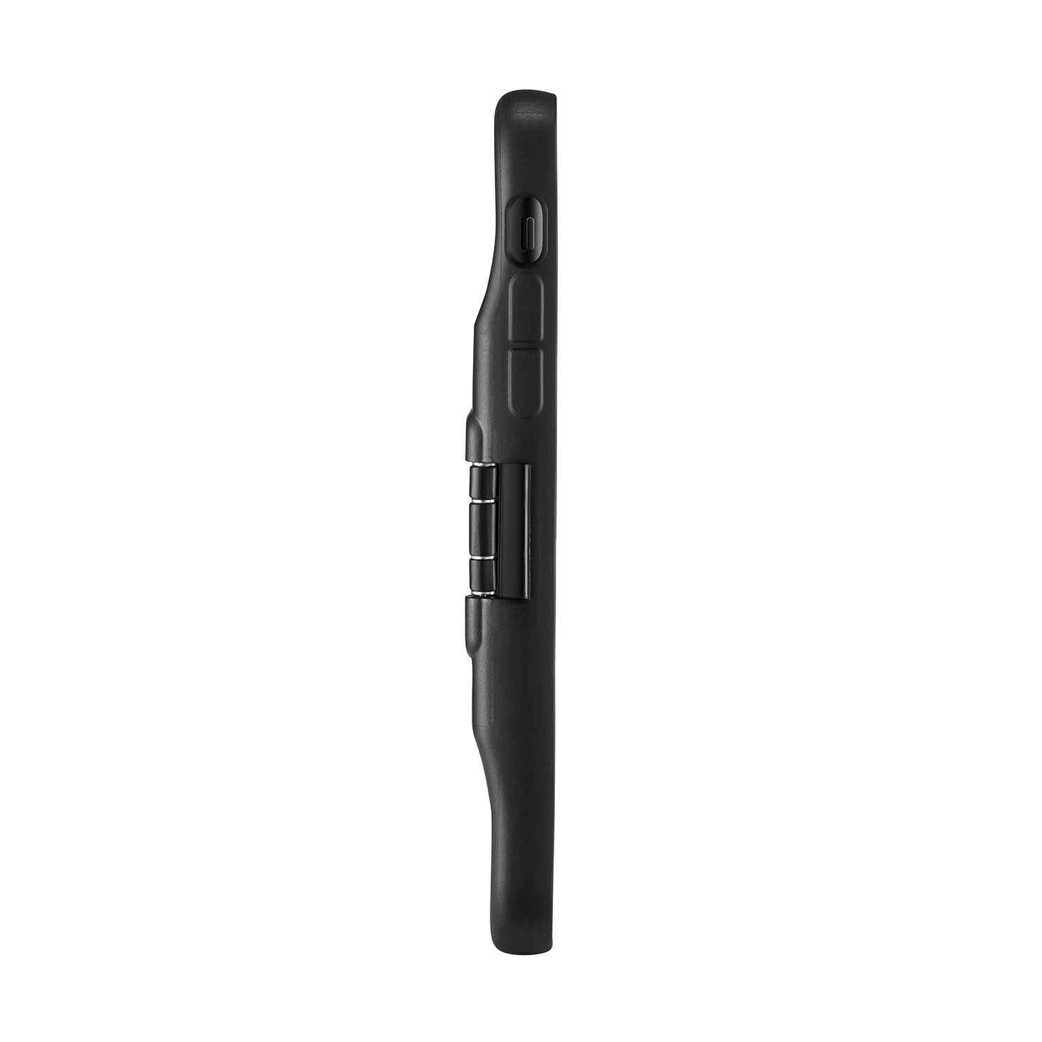 Black phone case profile. Side view shows buttons and a hinge. Plain white background.