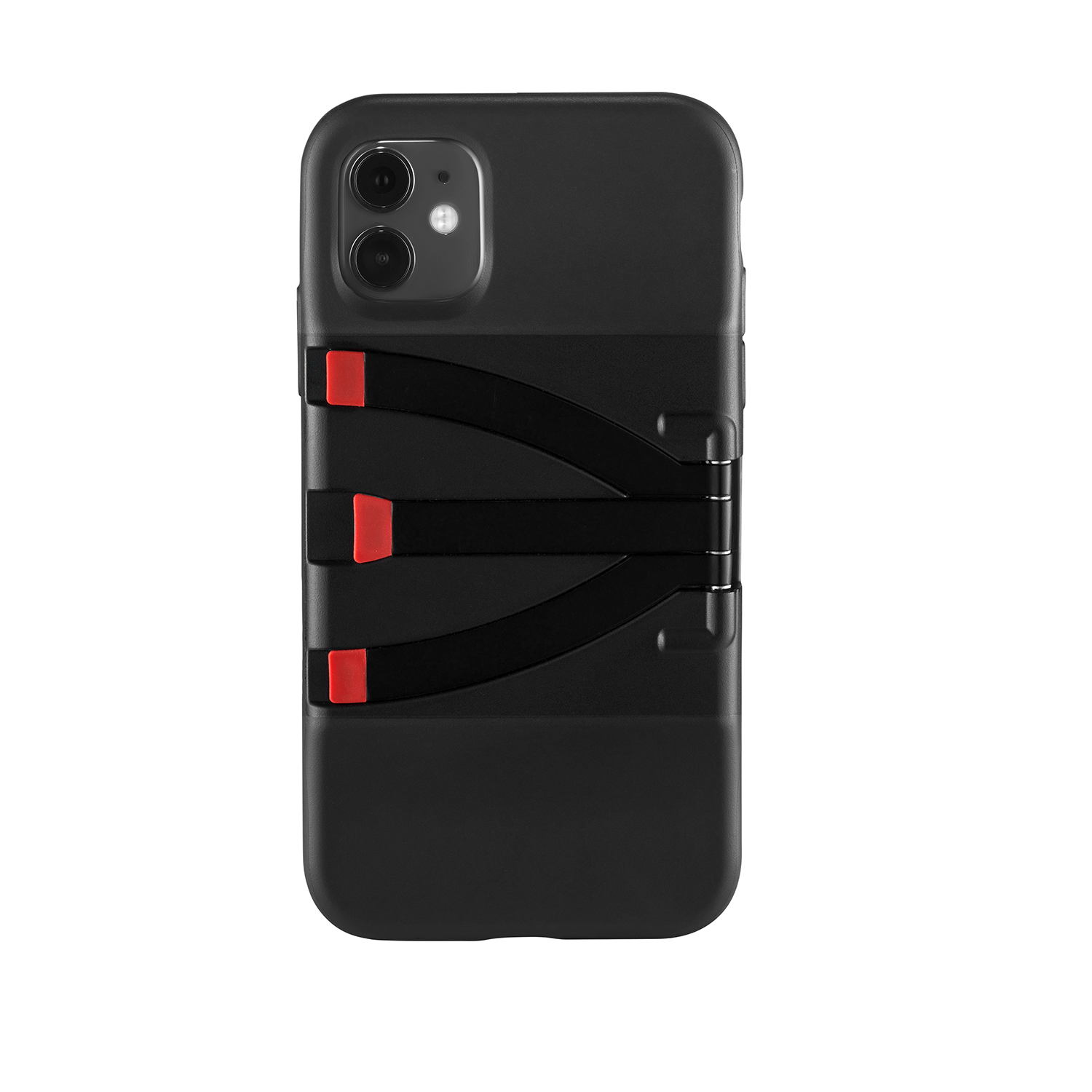 A black phone case with a unique design, featuring a folding stand with red accents.