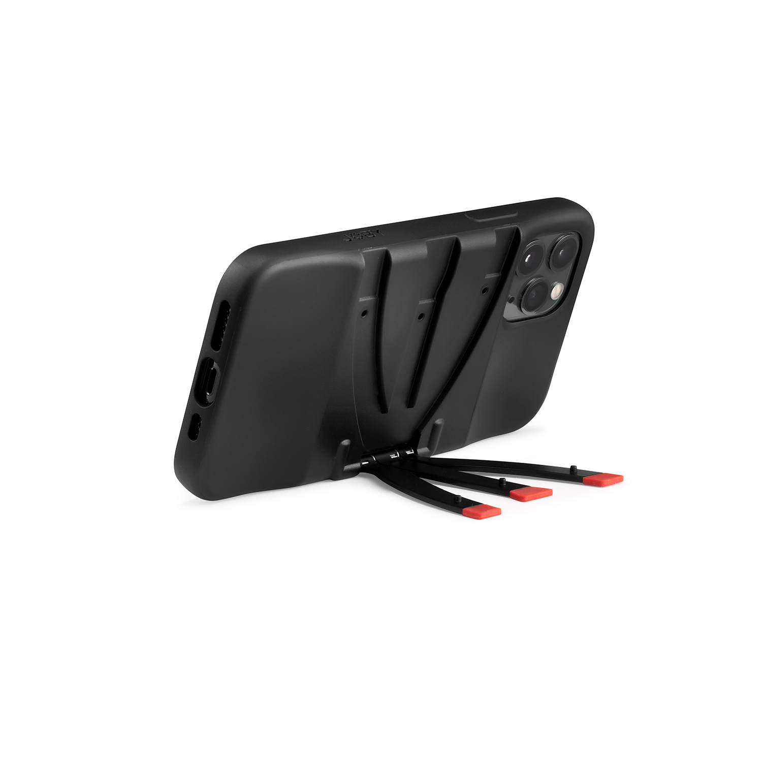 Black phone in a case with a stand, three red legs extended.