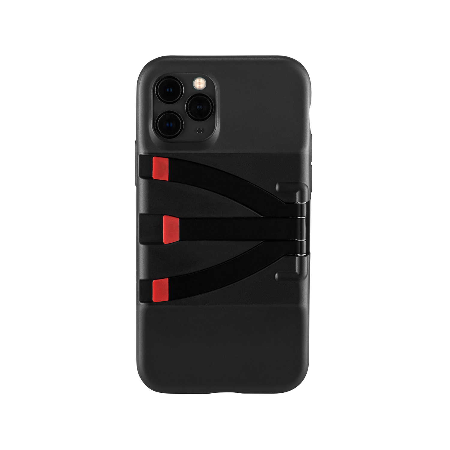 Black phone case with red accents and a strap design.
