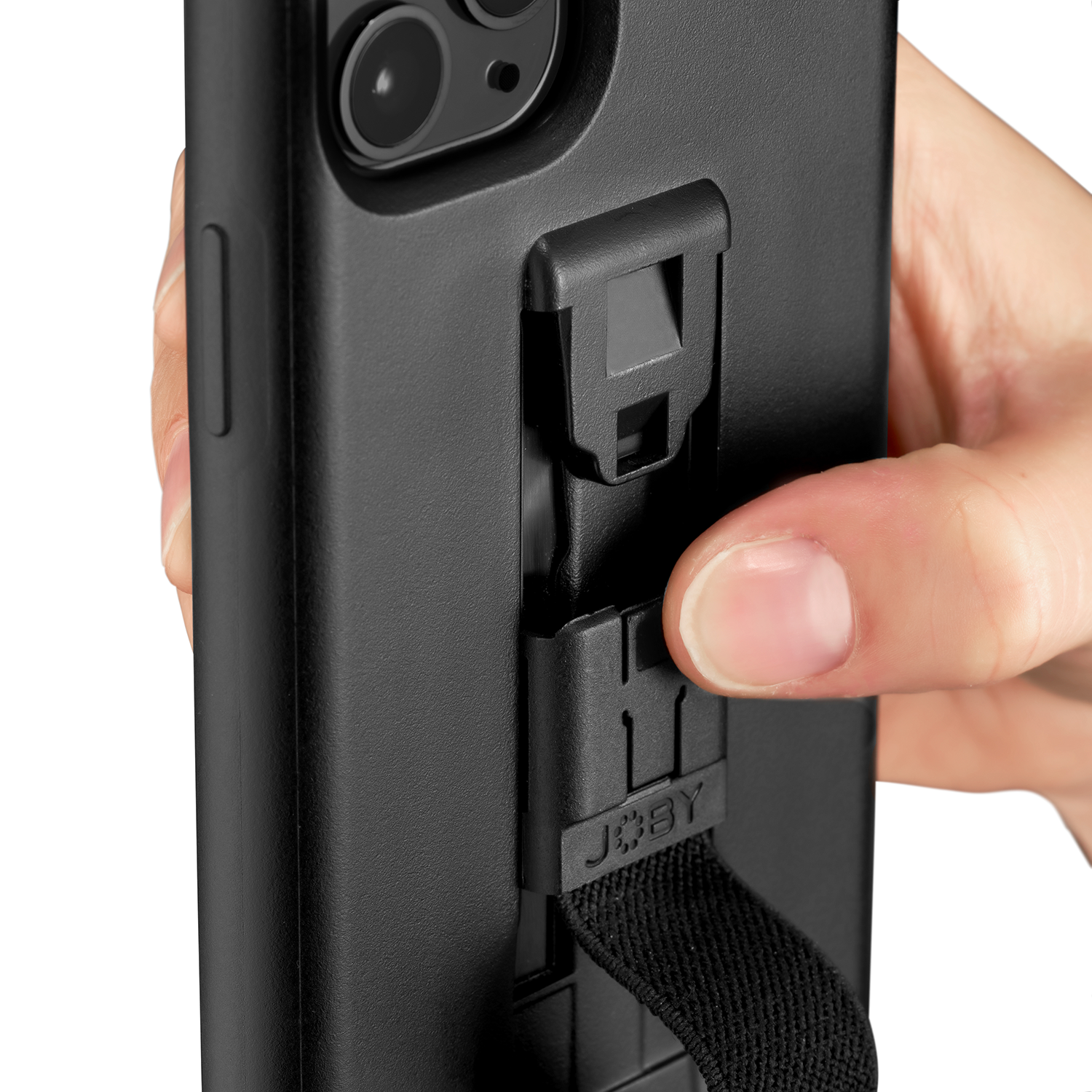 Hand holding black phone case with a strap. The case has a JOEY label.