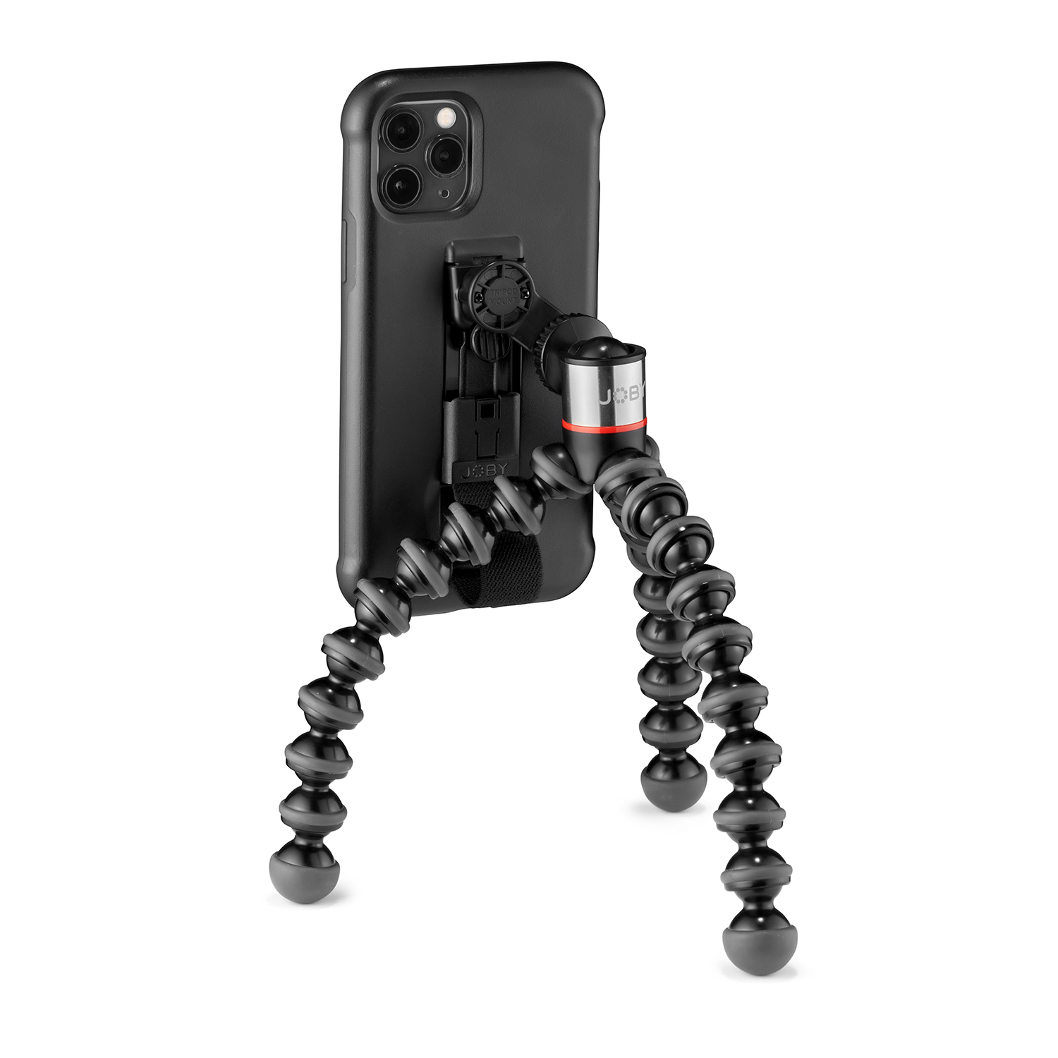 Black flexible tripod with a phone attached. Phone is in a black case.
