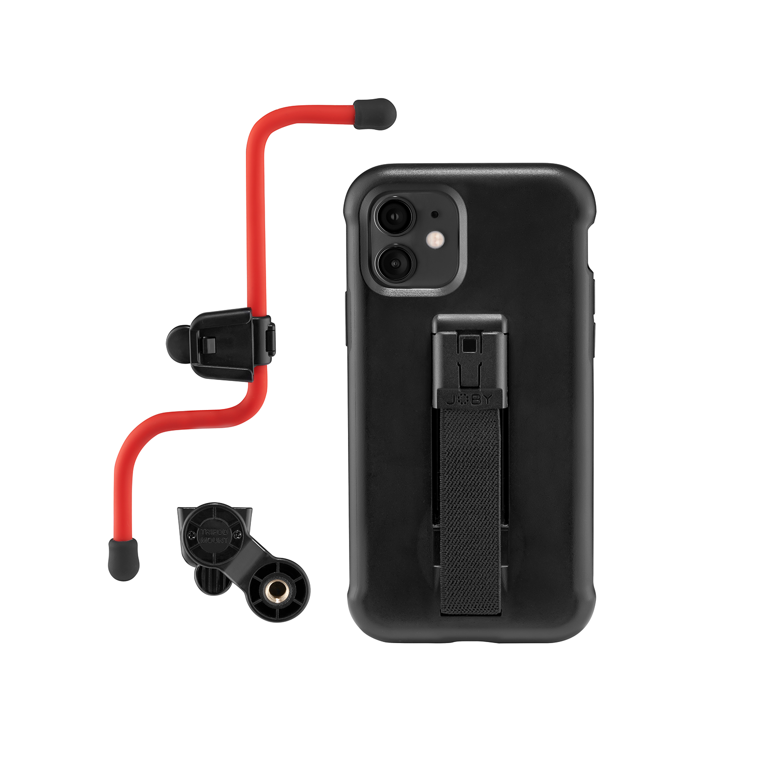 Black phone case with a black grip and red phone stand.