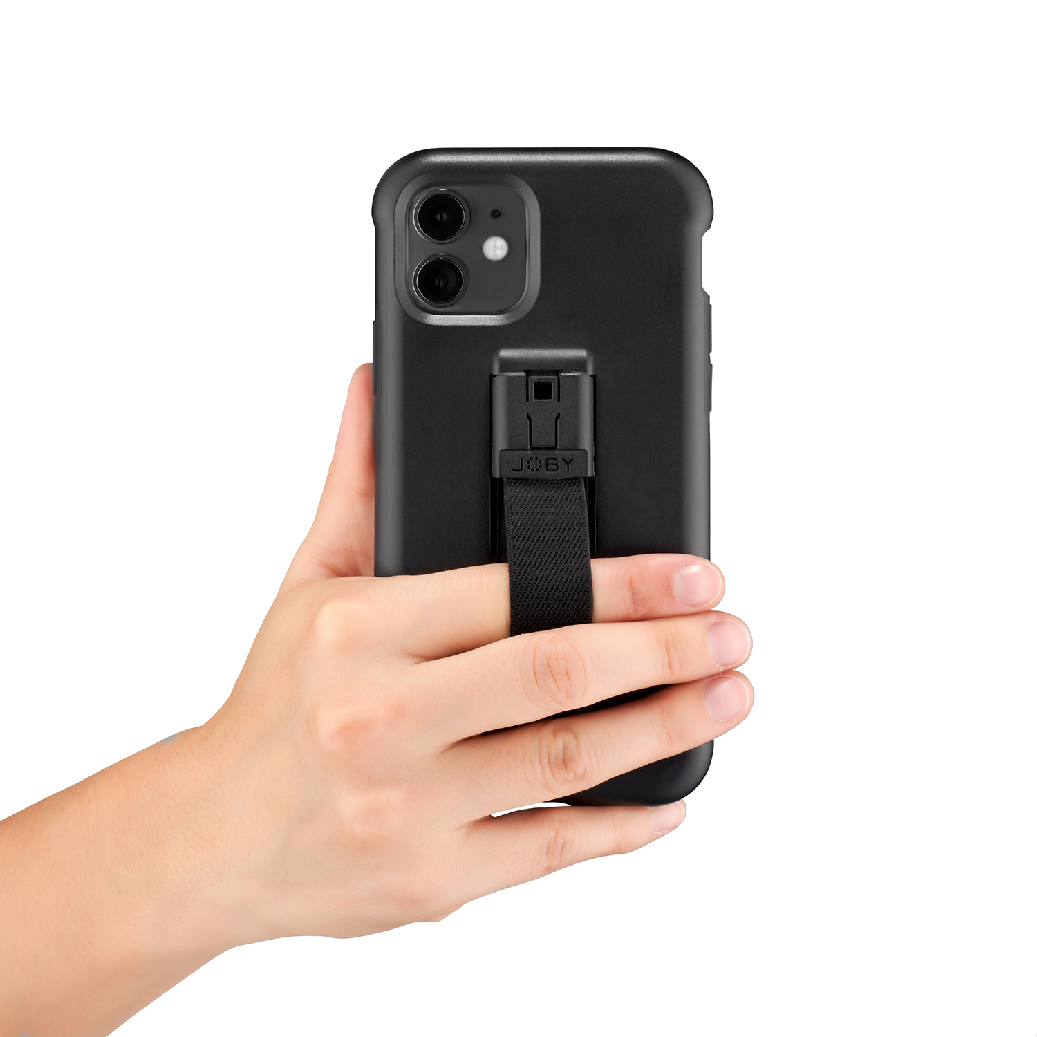 A hand holding a black phone with a black case. The case has a strap for grip.