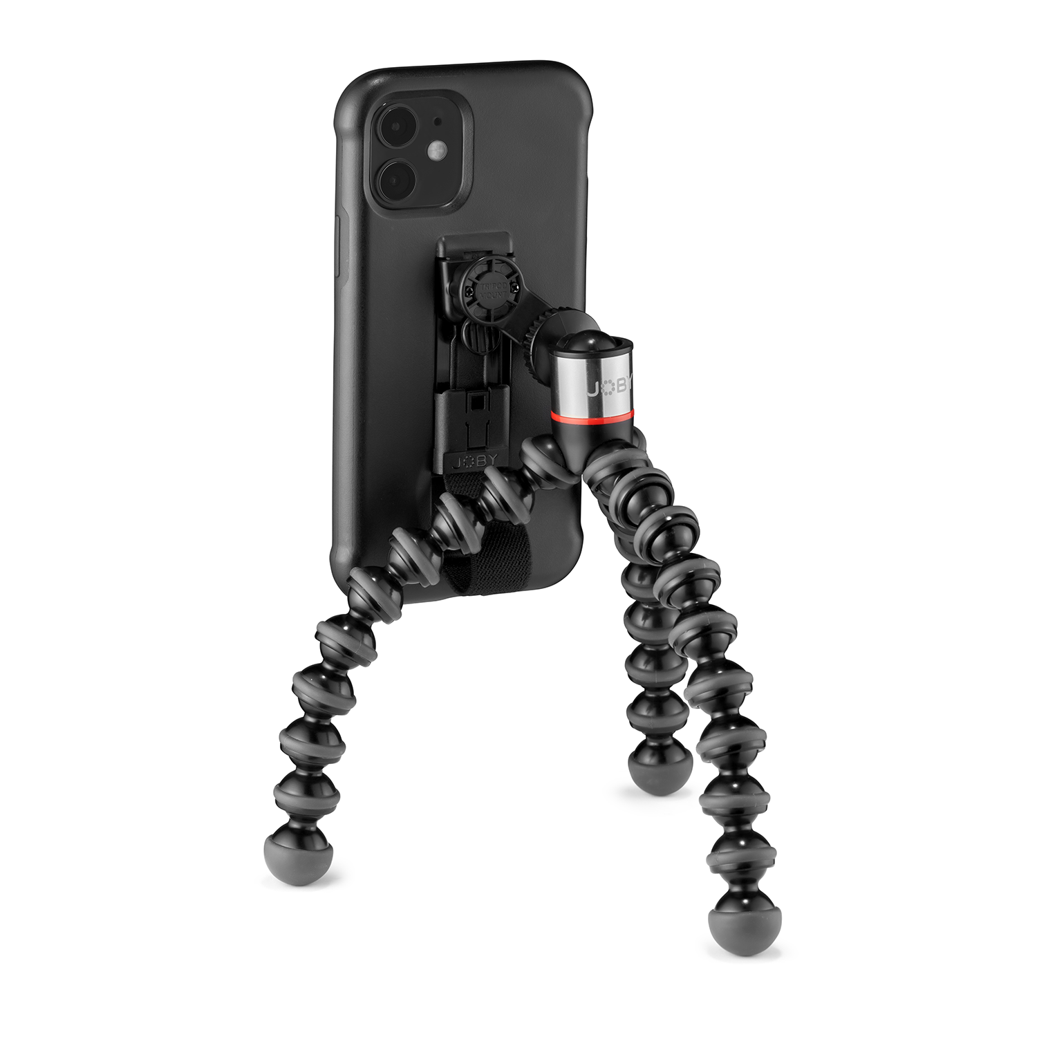 Black phone attached to a flexible tripod. Tripod legs are adjustable and curved.