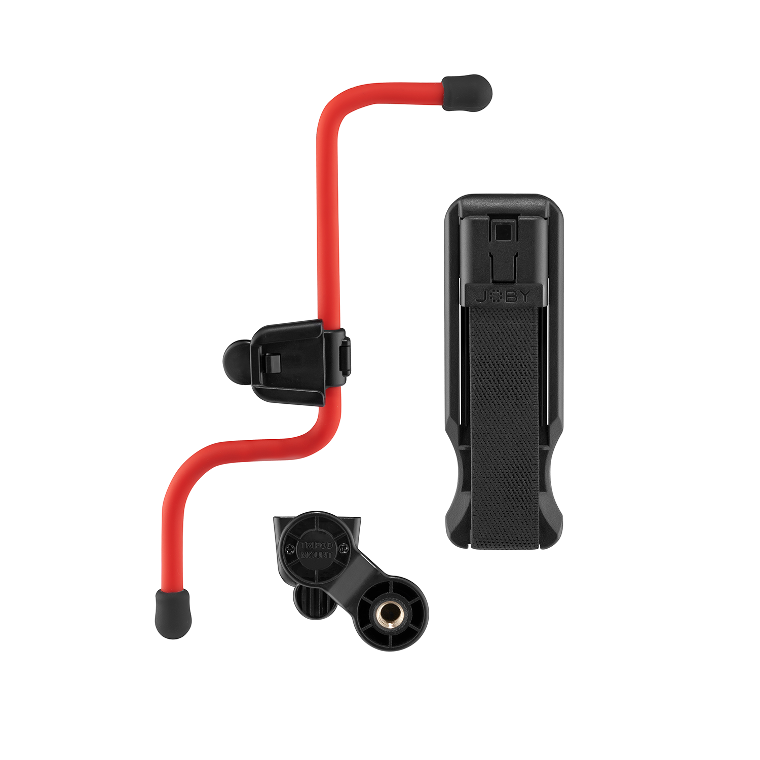 Red and black camera accessories including a flexible arm, a phone clip, and a tripod mount.