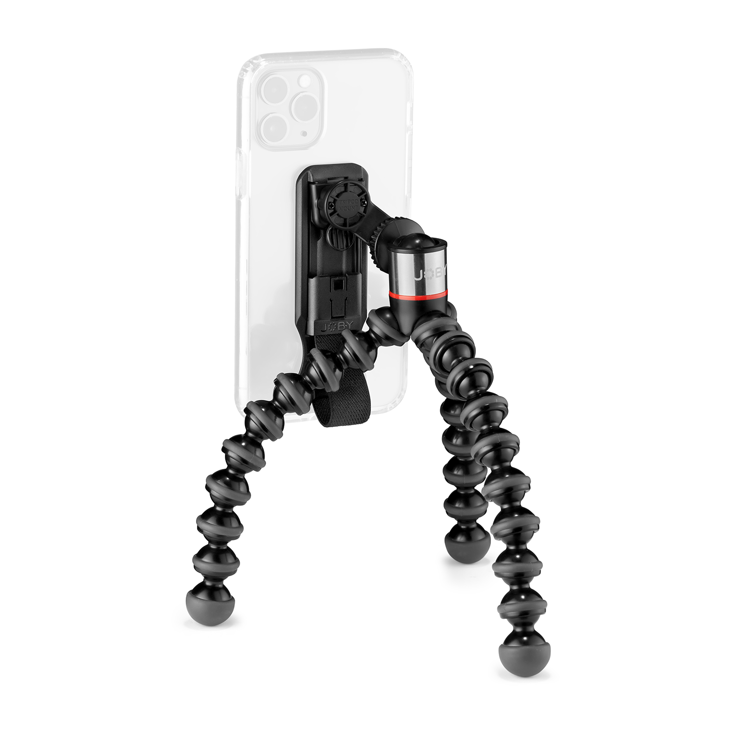 A flexible tripod with a smartphone attached, showing a clear phone case.