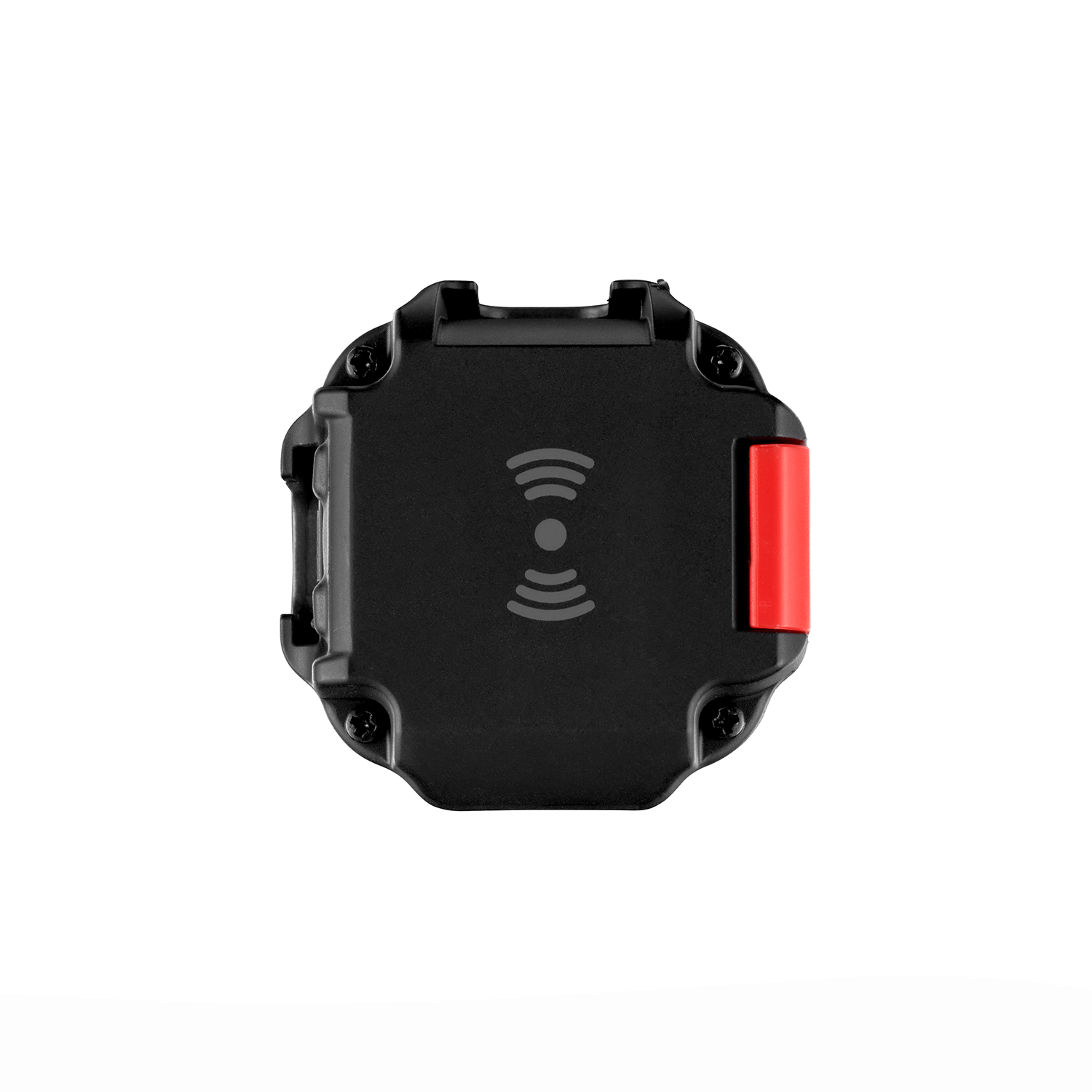 A black square device with a red button and a wireless symbol on it.