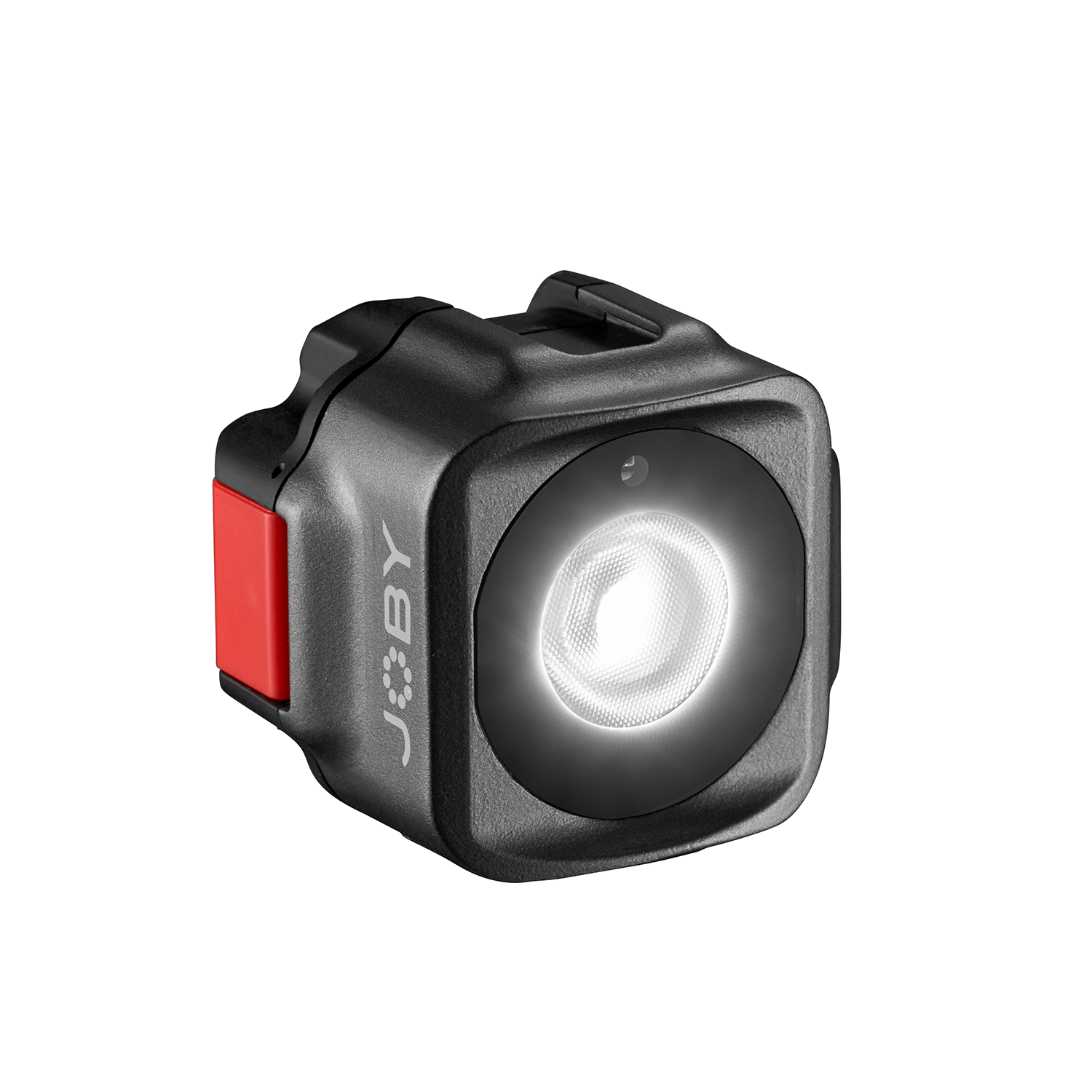 A black square Joby light with a red button and a bright white light.