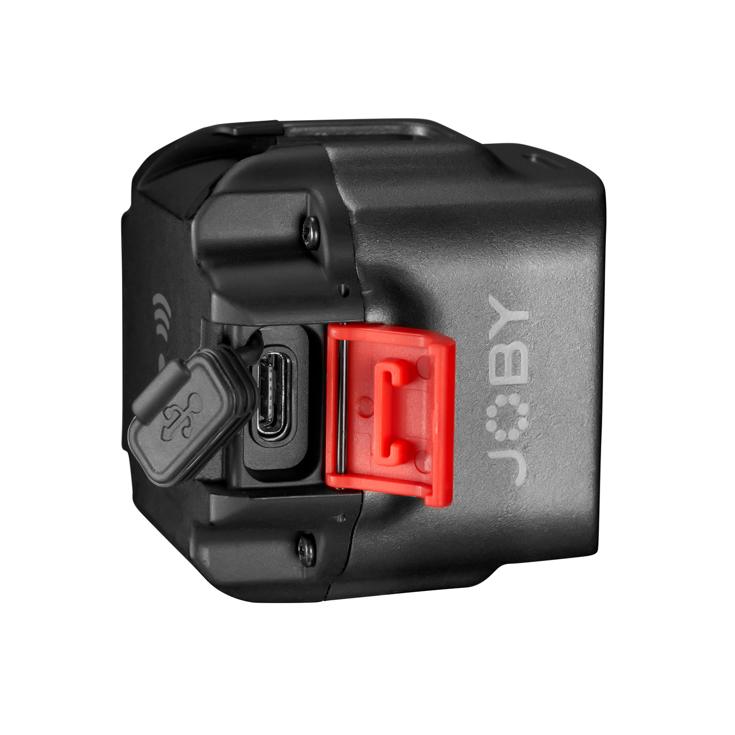 Black camera with a red door, ports visible. JOBY logo on the side.
