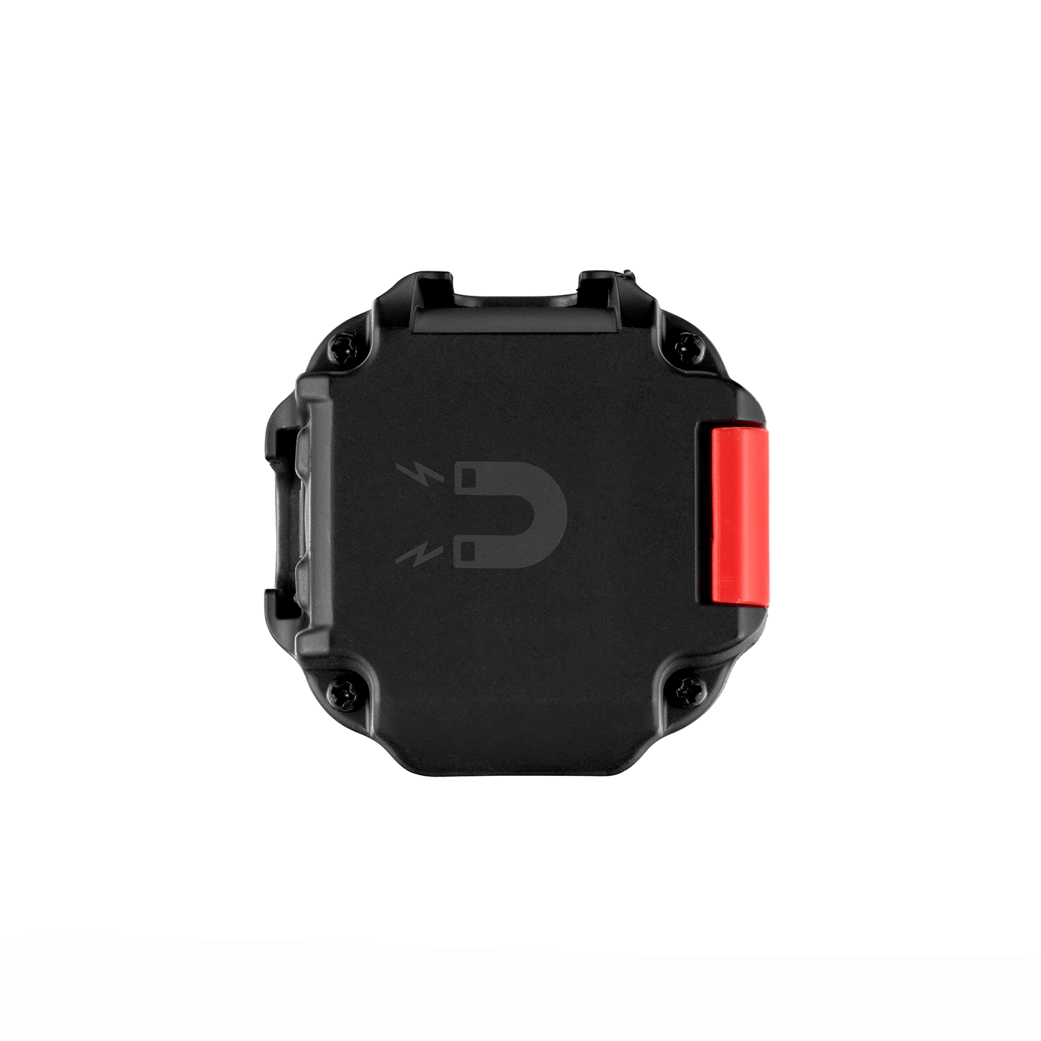 Black, magnetic device with a red button and a magnet symbol.