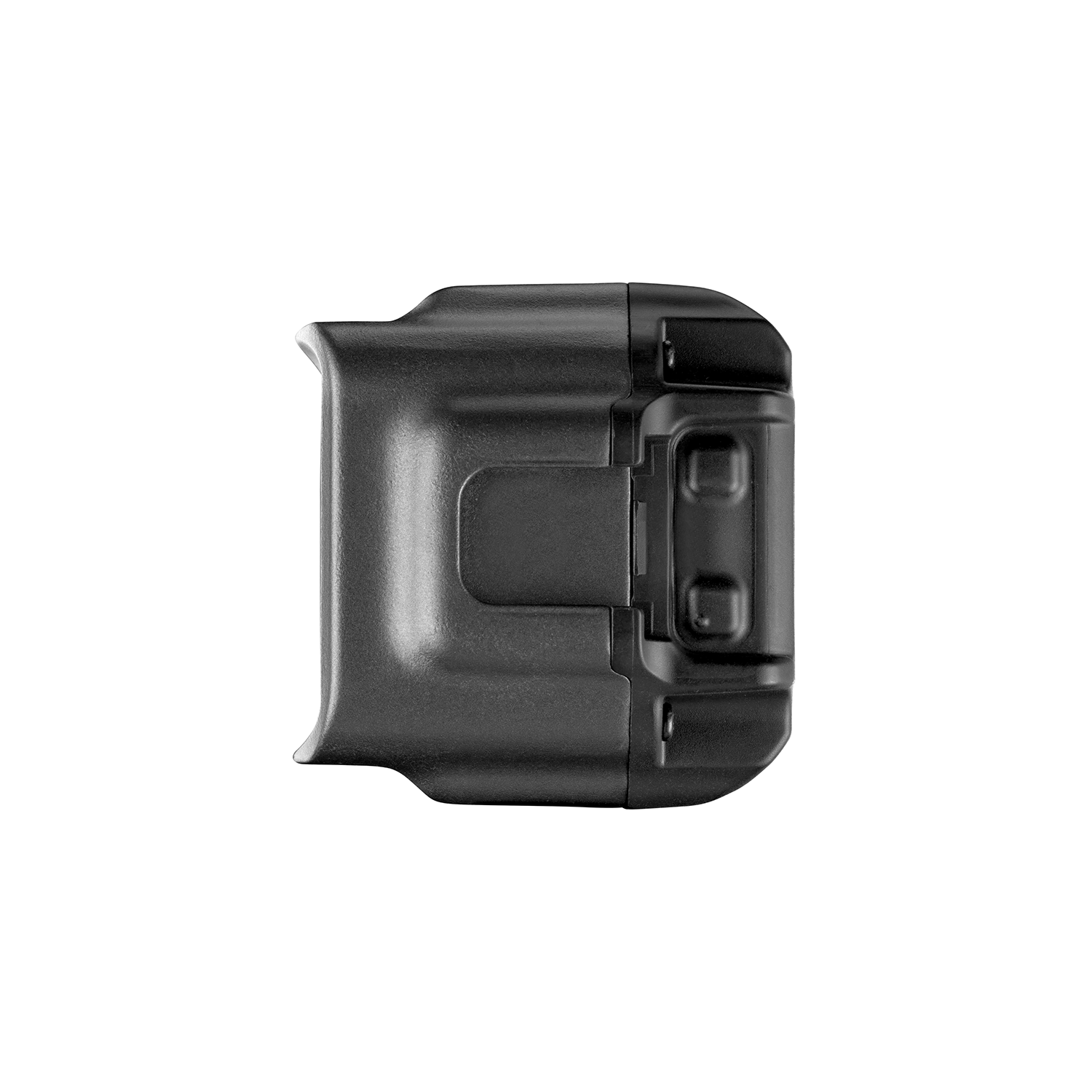 Black plastic holster, top view, with a clip. The background is white.