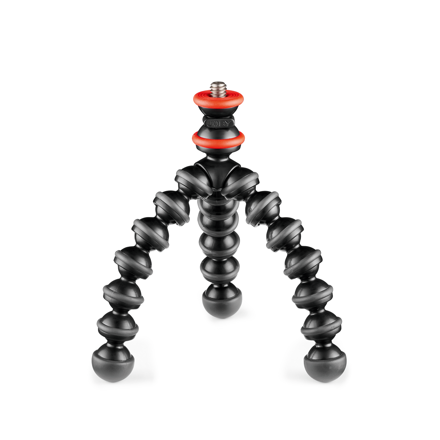 A black tripod with flexible legs, a red ring at the top, and a white background.
