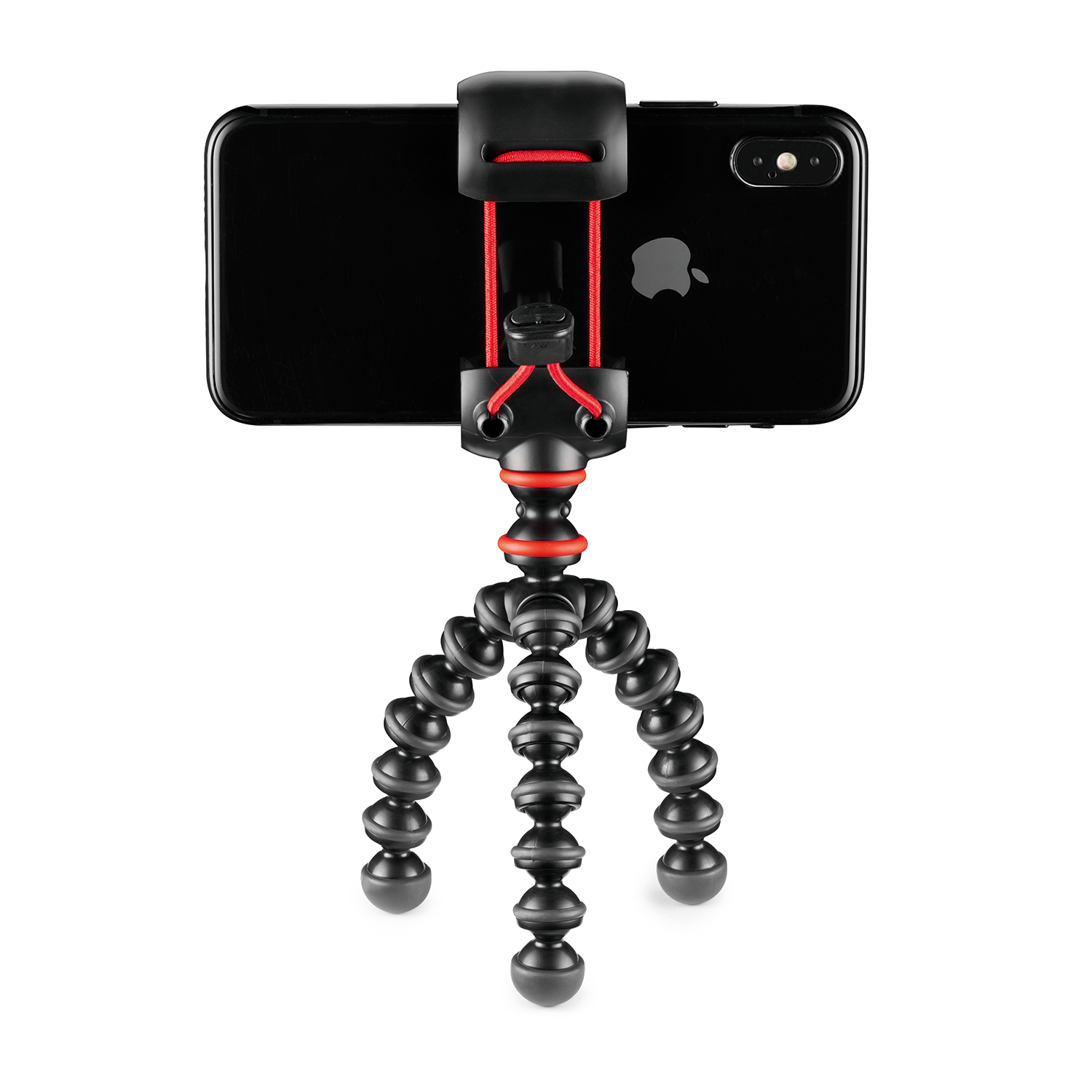 Smartphone attached to a flexible tripod with a red cord.